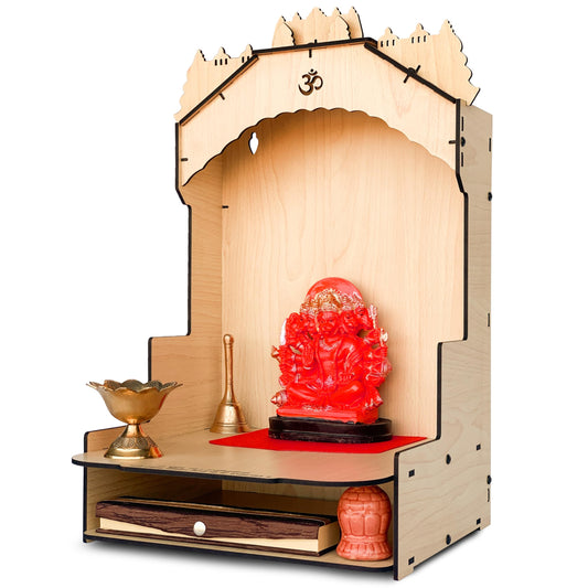 Townside® Moksha Temple Wooden Pooja Mandir for Home & Office, Puja Stand for Floor & Wall with LED Light (H: 20, L: 12, W: 12 inches) Traditional Beige