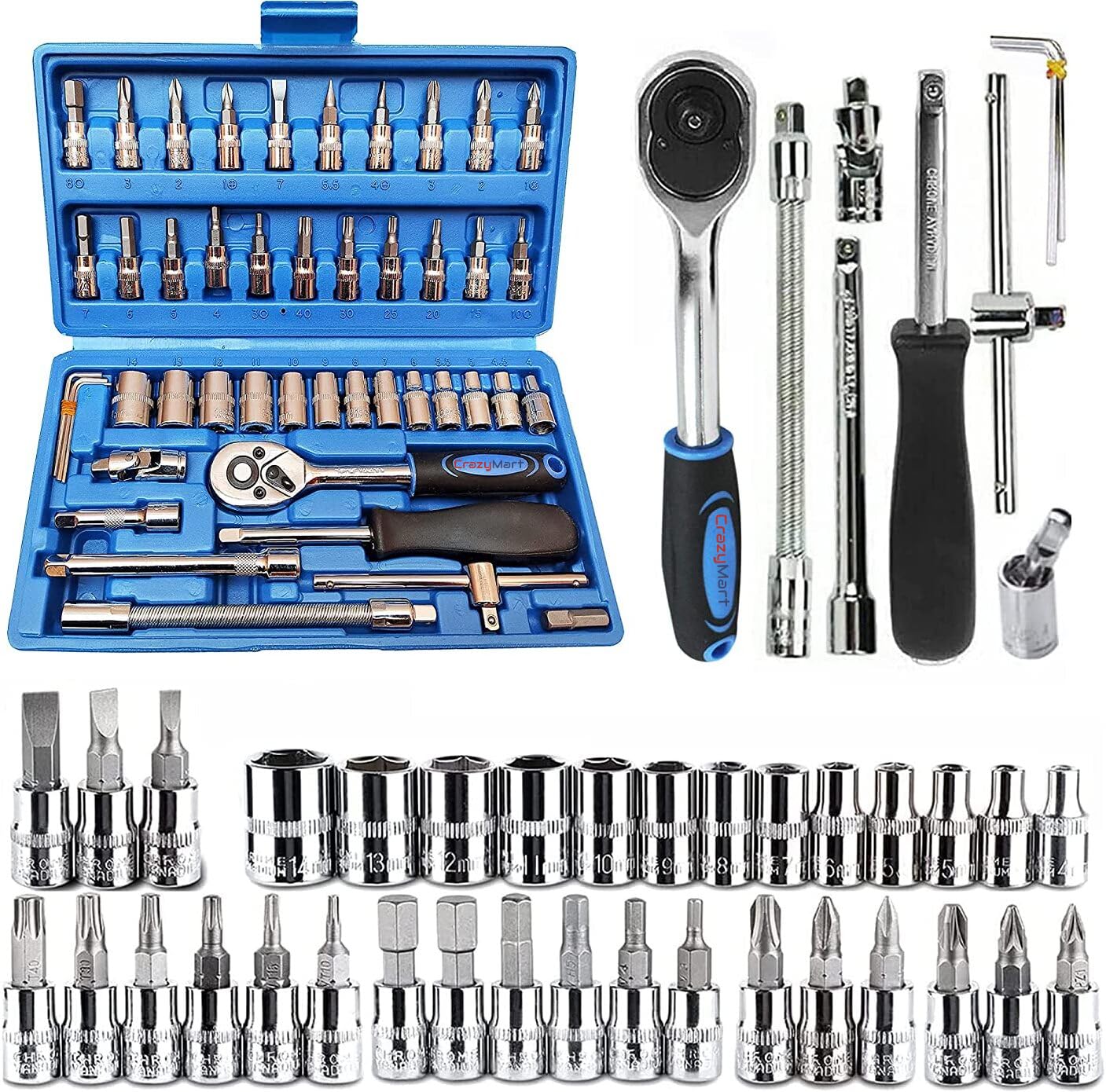 CrazyMart 46 in 1 Tool Kit & 1/4 inch Screwdriver wrench set for Multi Purpose Combination Tool Case Extension Bar and Adapter for Bike, Car Repairs goti pana set, 46 Pieces Socket Set (Multi color)