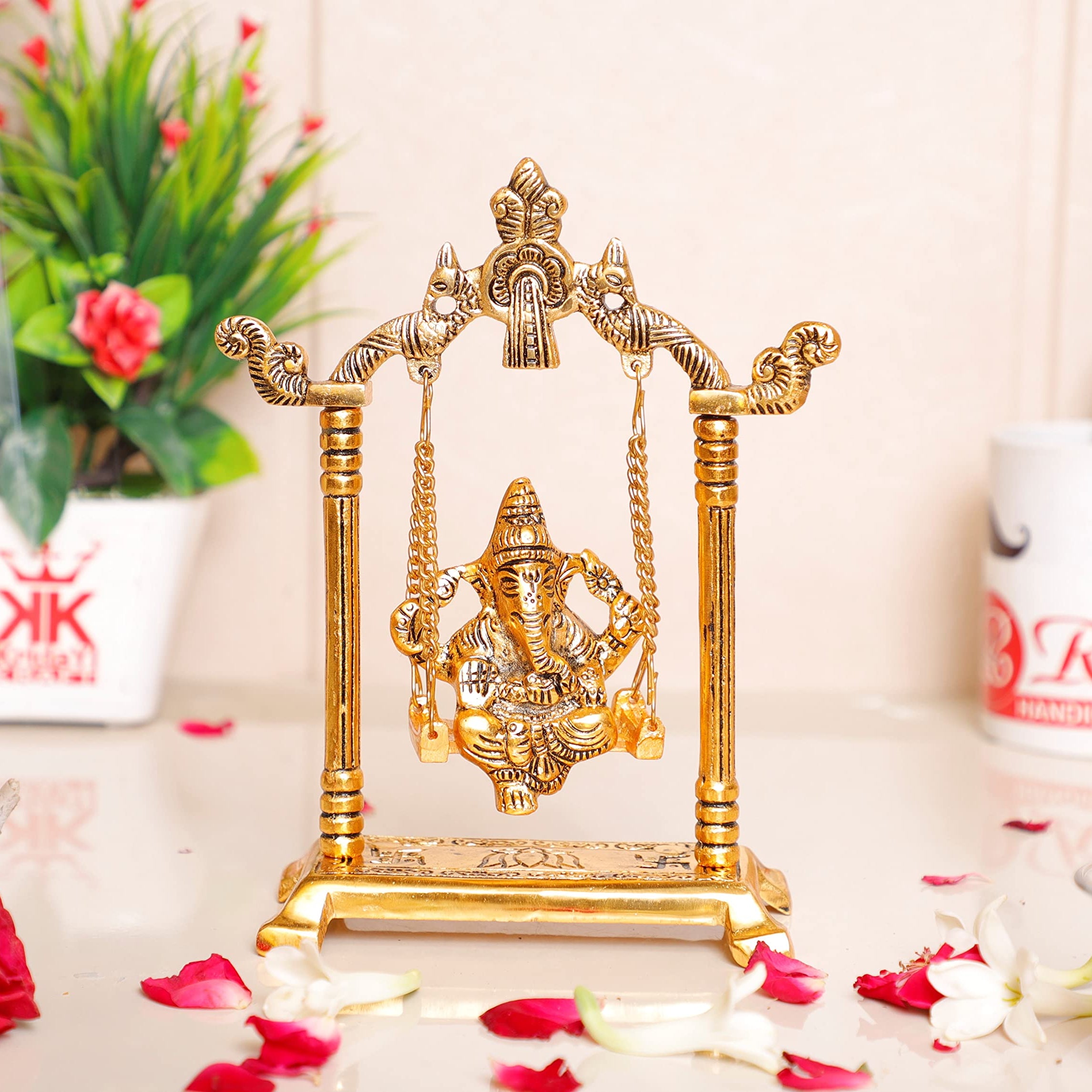 KridayKraft Ganesh Ji Jhula Idol,Ganpati Idol On Swing Jhula For Temple Pooja,Ganesh Metal Statue Home,Office & Table, Gold