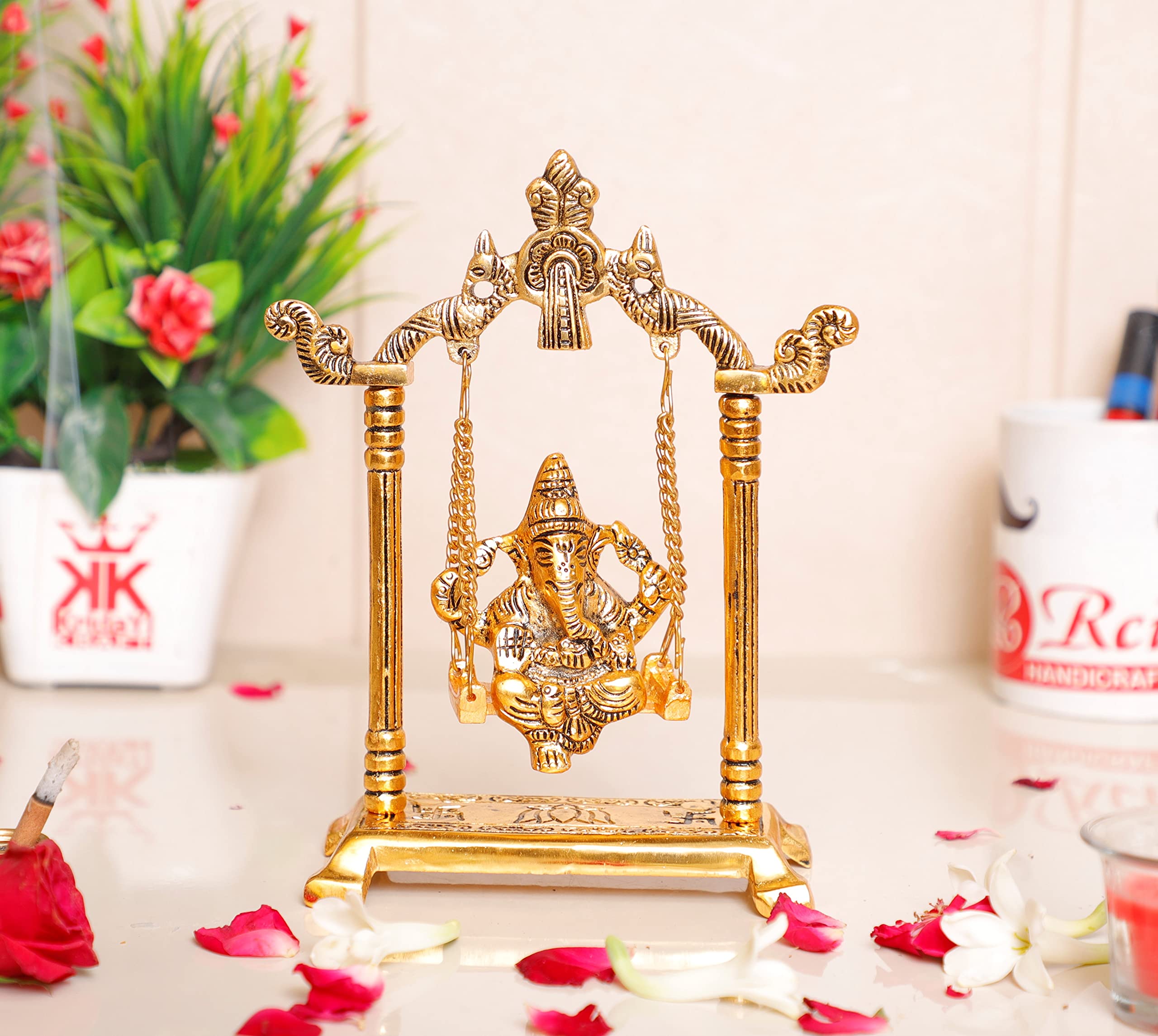 KridayKraft Ganesh Ji Jhula Idol,Ganpati Idol On Swing Jhula For Temple Pooja,Ganesh Metal Statue Home,Office & Table, Gold