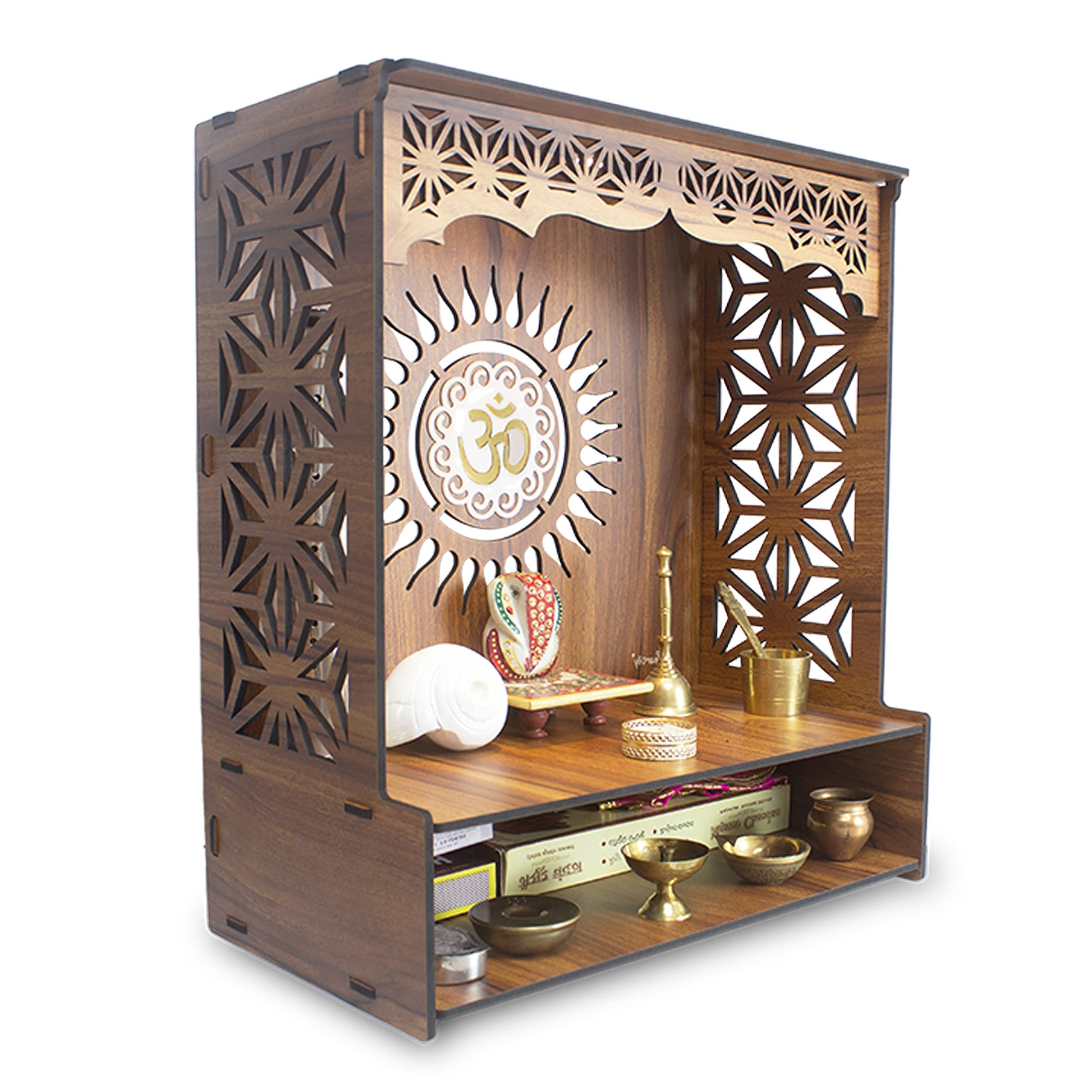 Heartily® Shree Beautiful Wooden Pooja Stand for Home Mandir for Home Temple for Home and Office Puja Mandir for Home and Office Wall with LED Spot Light Product (H- 18, L- 16, W-8.75 Inch)