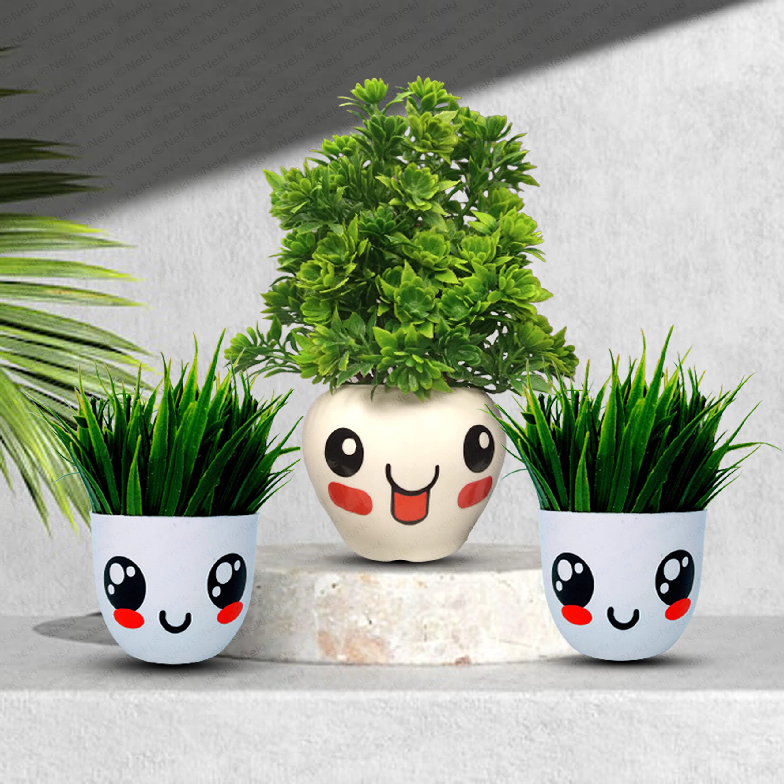 NEKI Set of 3 Artificial Plant Pots Faux Plants with Pot Set of 3 Small Size Studio Plants for Home Decor, Living Room, Balcony, (Green) Plastic