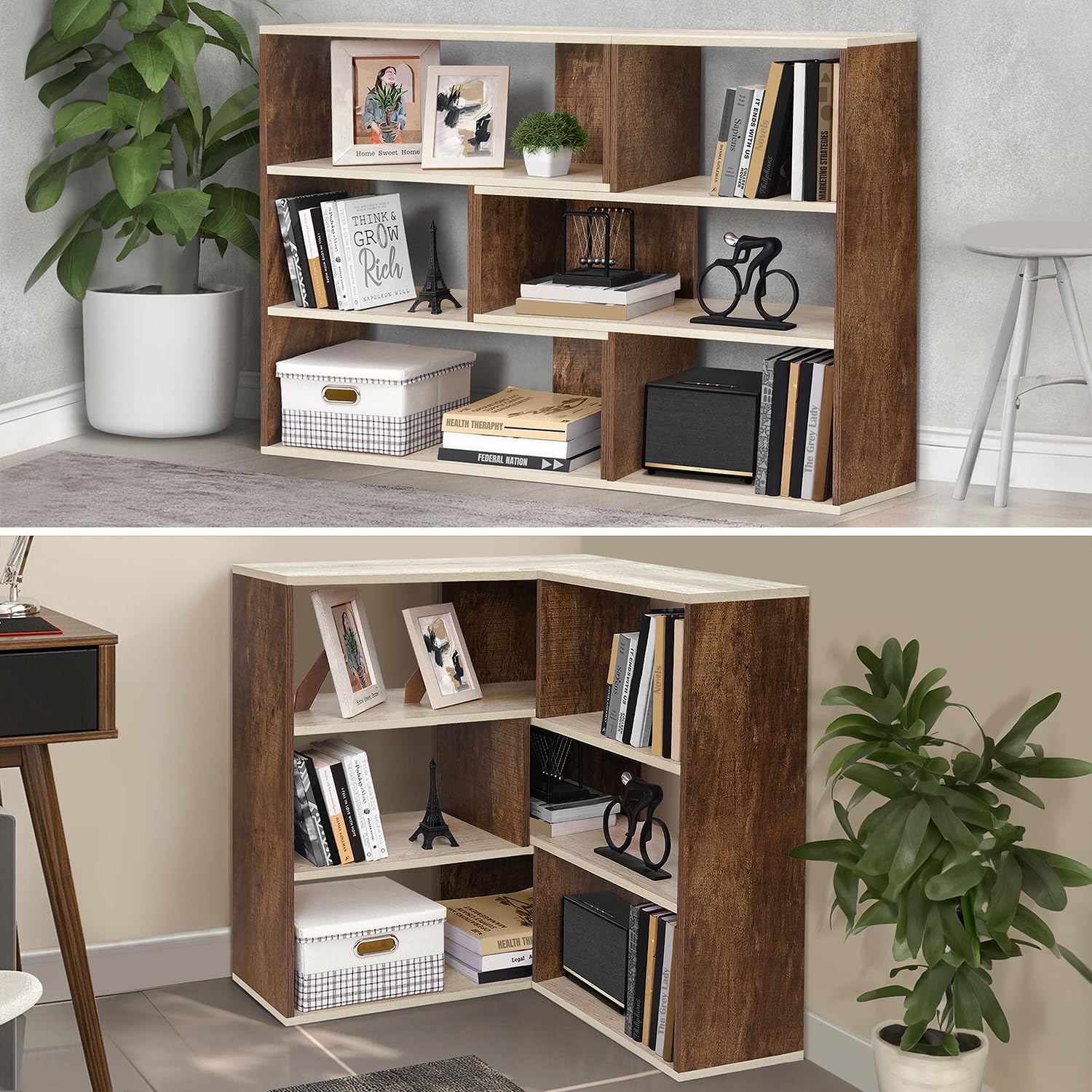 ABOUT SPACE Book Shelf for Home Library-Rectangle/L-Shaped Rack for Storage 6 Compartment Book Stand Shelf for Bedroom, Livingroom Decor, Plants and Books (Oak White&Walnut-L128 x B30 x H85 cm)