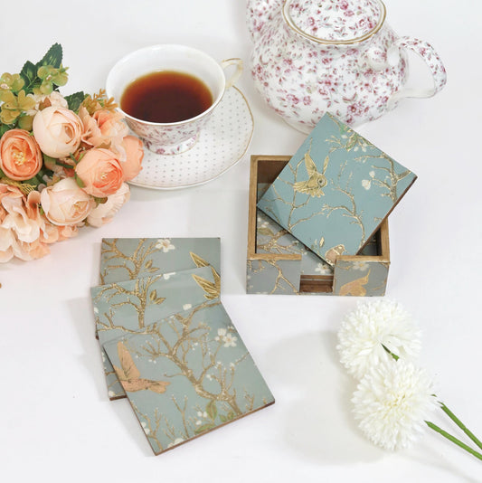 CASAGOLD Grey Bird Coaster Set of 6 | Resin Wood Tea Coasters with Case | Grey Bird | for Office Home Tea Party | 4 x 4 in