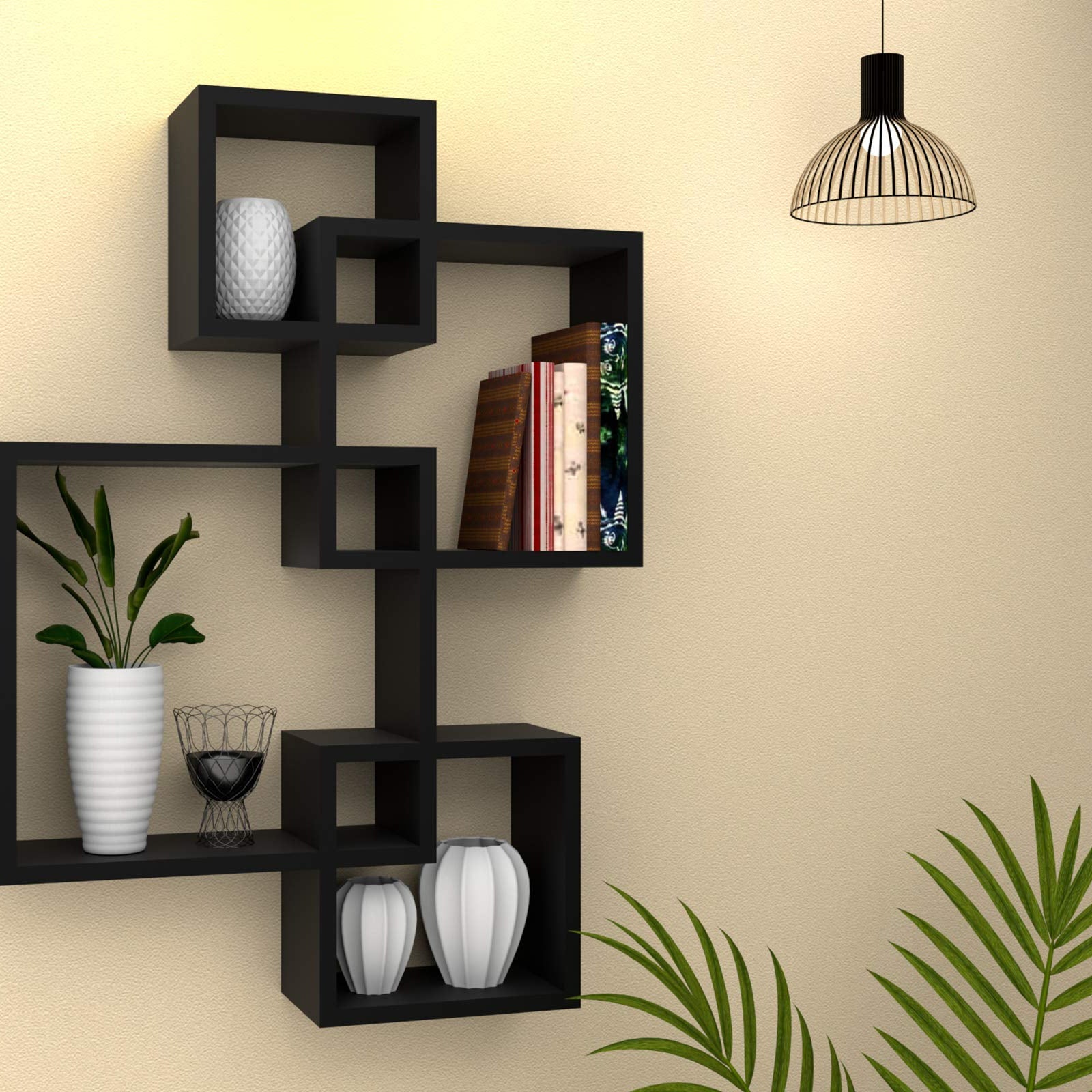 Amaze Shoppee Wooden Wall Mounted Shelf Rack for Living Room Decor (Black) - Set of 4