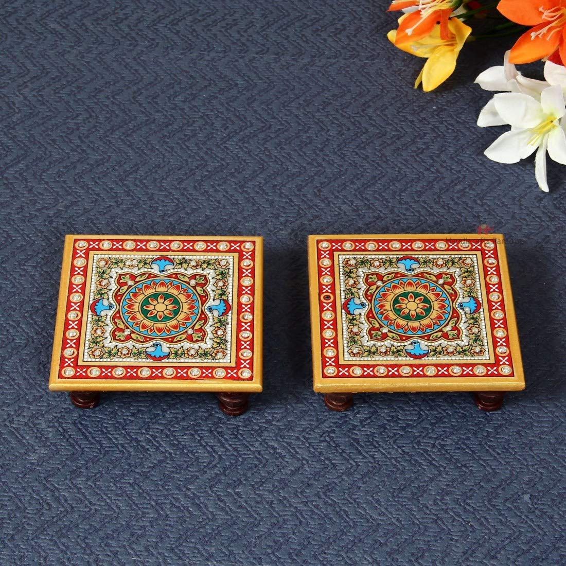 Handicrafts Paradise Intricate Floral Painted Marble Chowki (10.2 cm x 10.2 cm x 2.55 cm, Set of 2, multicolour)