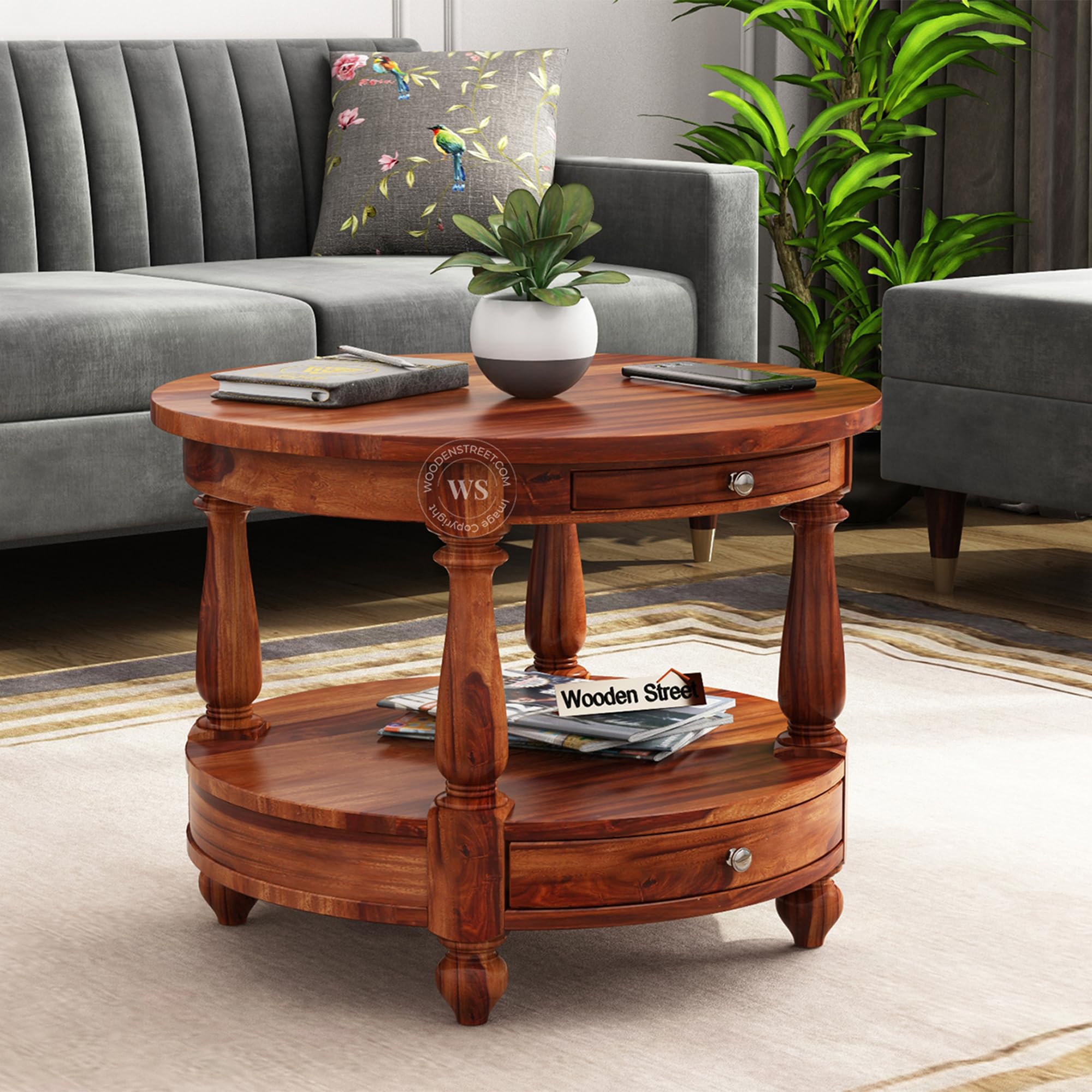 WoodenStreet™ Alice Sheesham Wood Round Coffee Table with Drawers for Living Room Design for Books Storage,1 Year Warranty (Honey Finish)