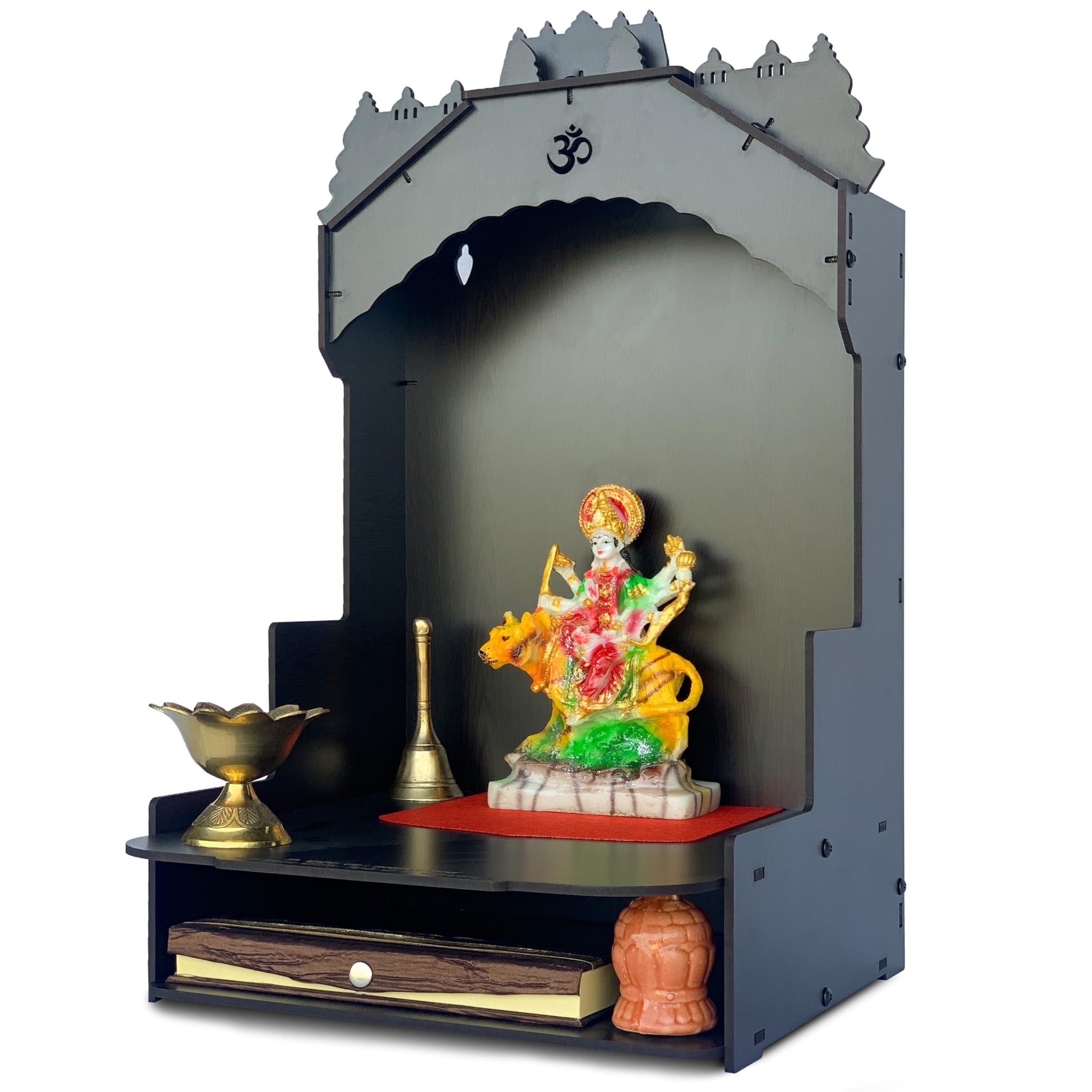 Townside® Moksha Temple Wooden Pooja Mandir for Home & Office, Puja Stand for Floor & Wall with LED Light (H: 20, L: 12, W: 12 inches) Traditional Black