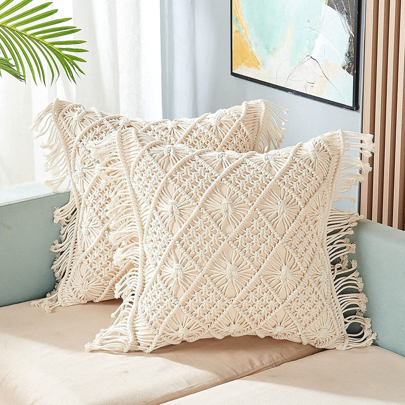 ACN Kohinoor | Macrame Cushion Cover 16 X 16 Inch Handmade Soft Boho Cotton Pillow Case For Sofa Set Bed Living Room Bedroom In Premium Canvas Fabric With Back Zipper, Off-White, 1-Piece, 1 tc