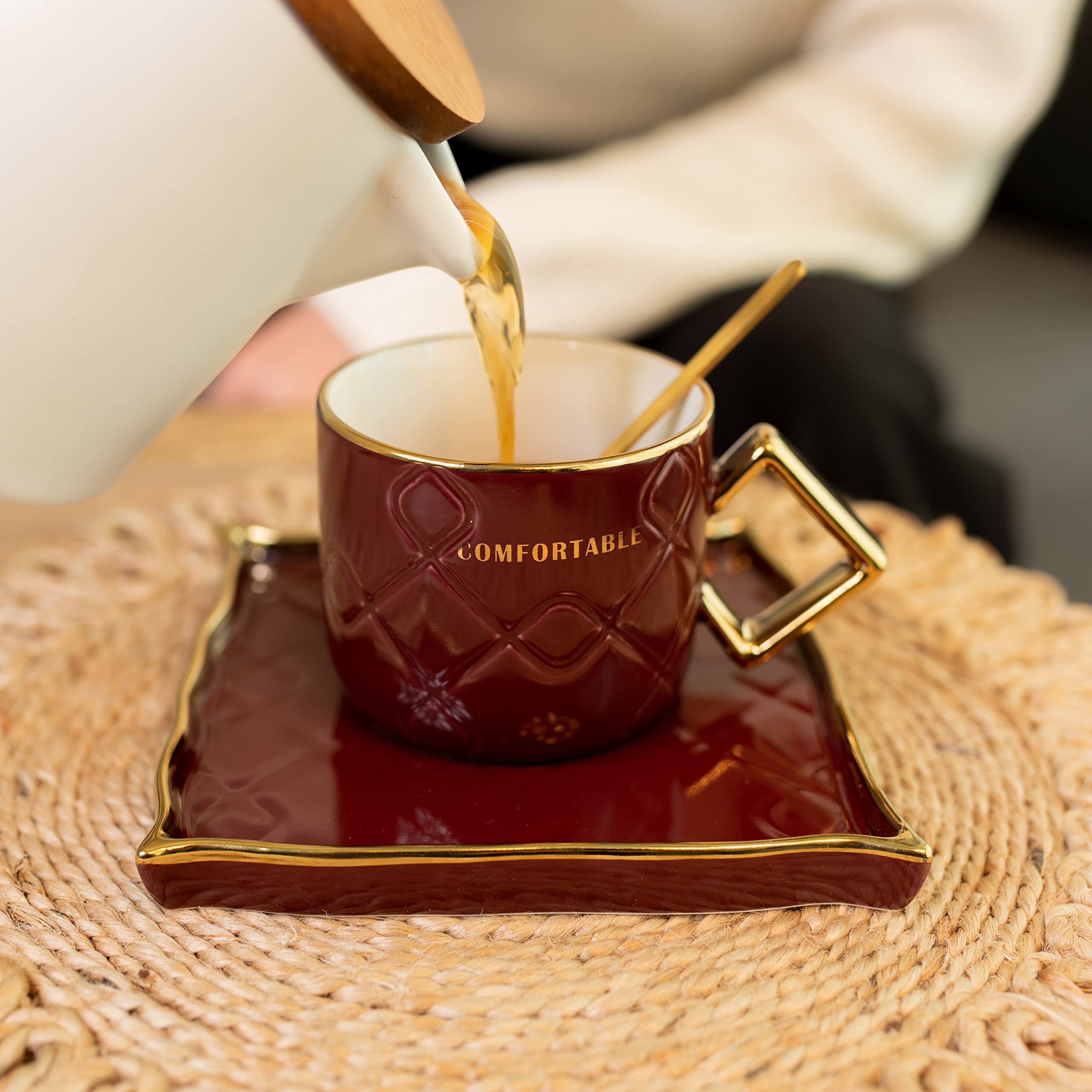 GIBOX Abstract Chalice Mug & Spoon Set (200ml) Red | Ceramic Saucer Set | 1 Cup & 1 Tray, 1 Spoon Set for Home | Luxury Cup & Saucer | Buy Vintage Cup for Serving | Tea Cup & Saucer