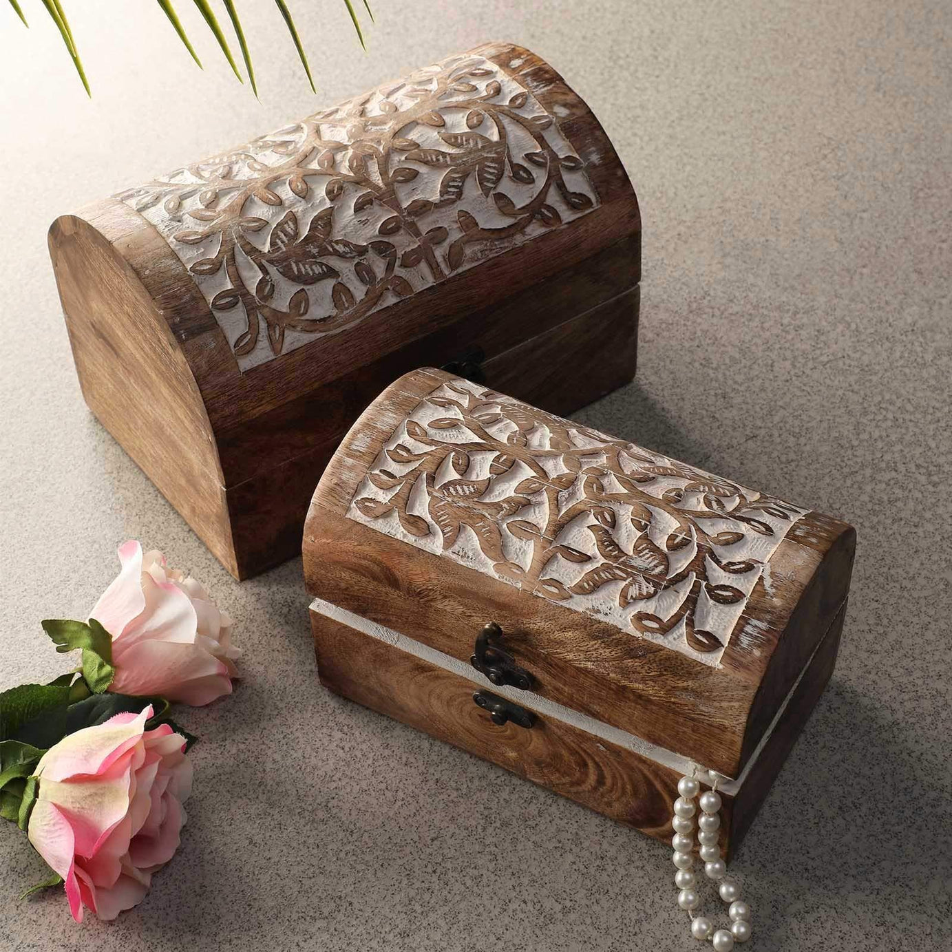 Adan's Homes Wooden Decorative & Handcrafted Jwellery & Gift Box/Trunk/Treasure Chest (23 cm x 15 cm x 15 cm) / Set of 2