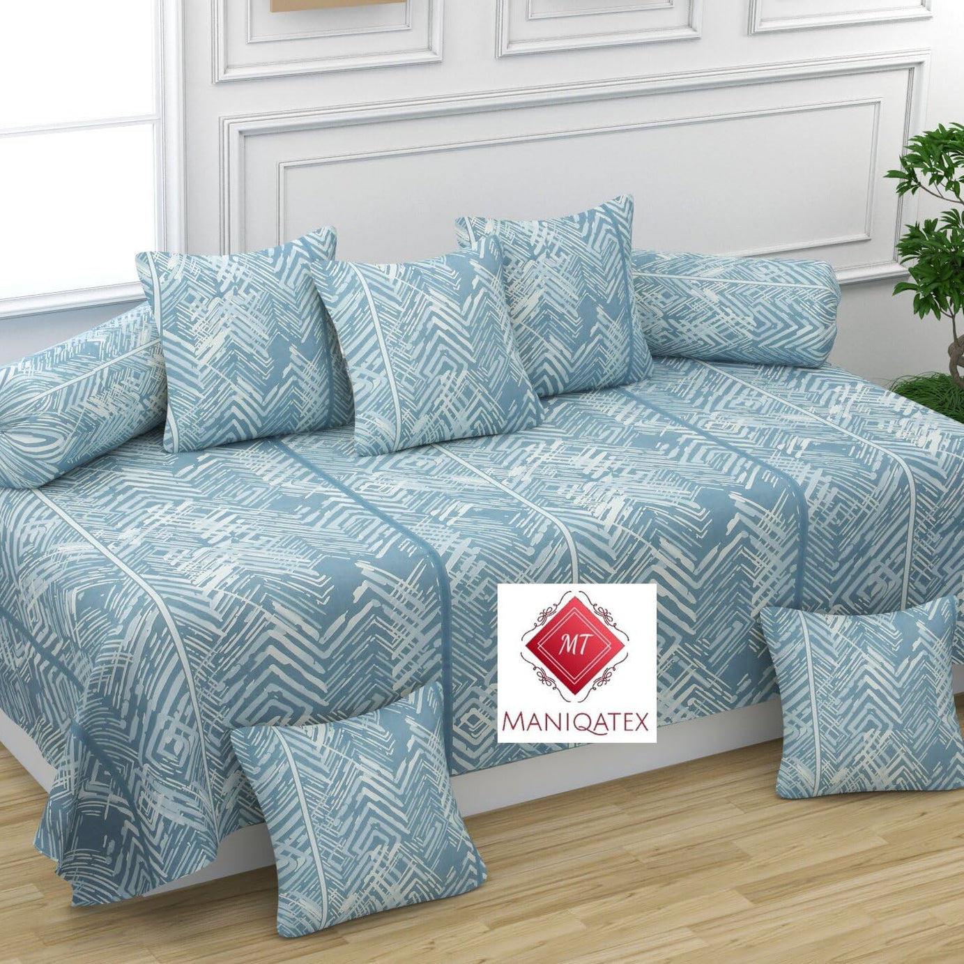 MANIQATEX Diwan Set 8 Pieces Cotton Printed Standard Diwan Set (1 Single Bedsheet, 2 Bolster Covers, 5 Cushion Covers) (Blue)