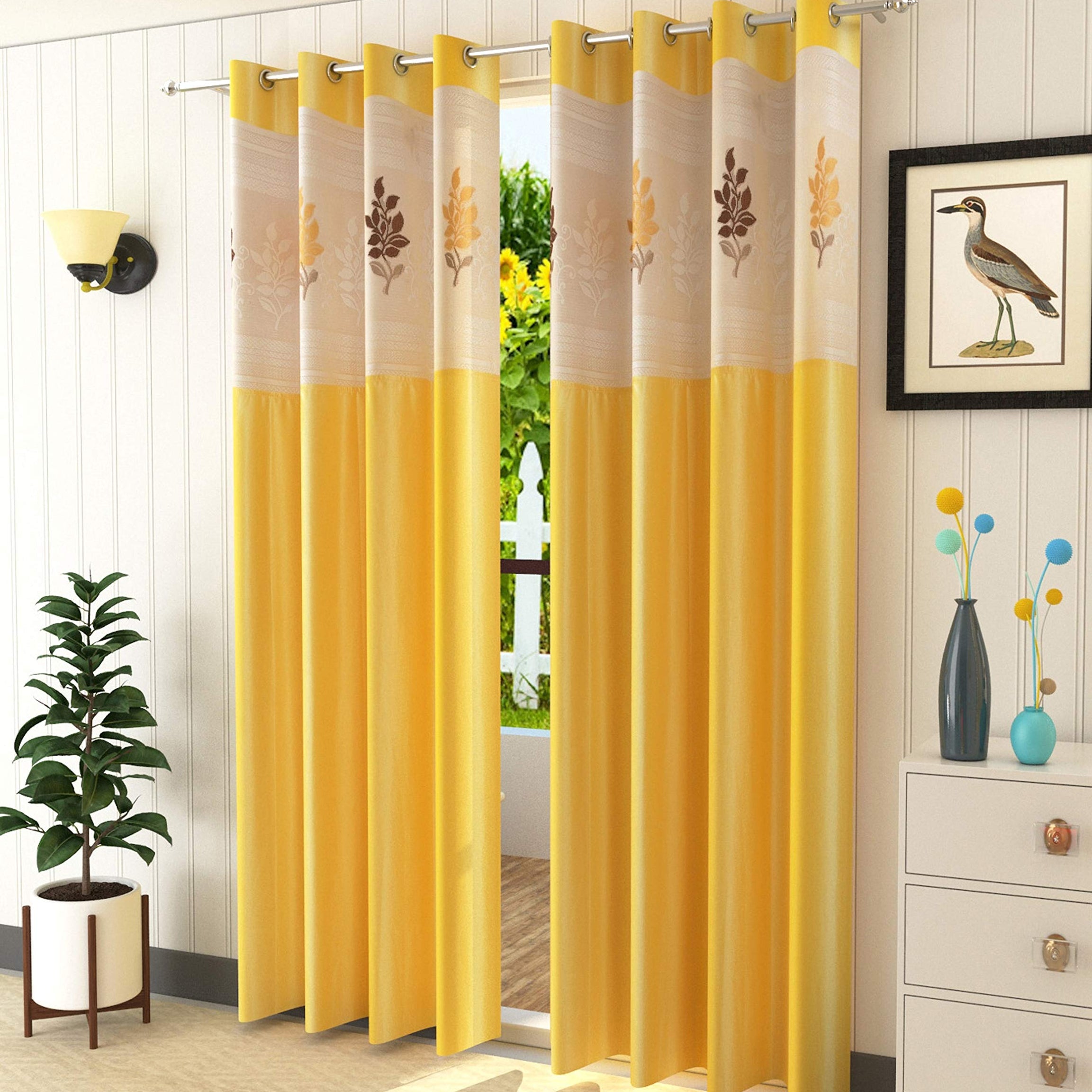 LaVichitra 2 Piece Premium Door Curtain with Floral Net - 7ft, Yellow