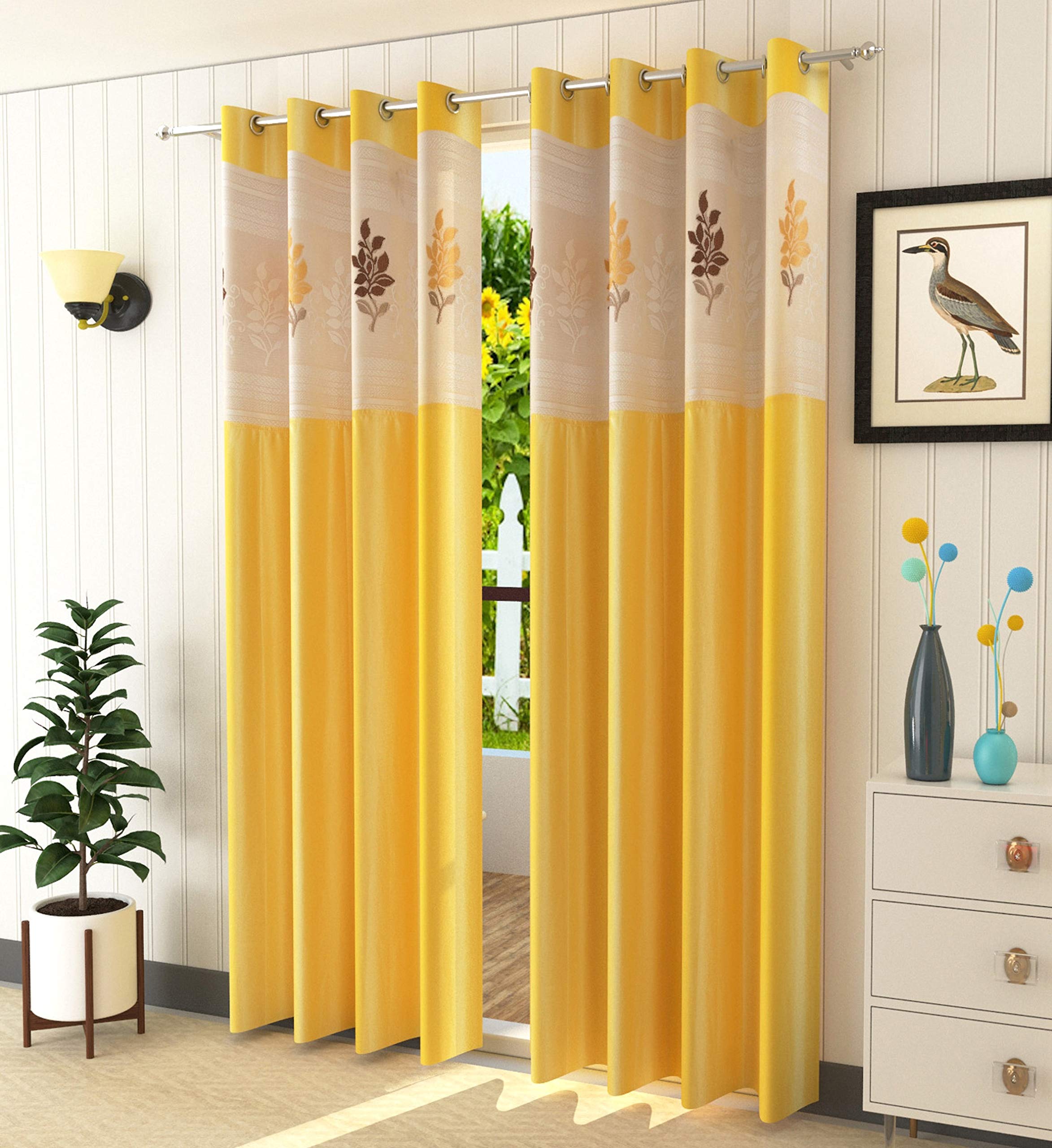 LaVichitra 2 Piece Premium Door Curtain with Floral Net - 7ft, Yellow