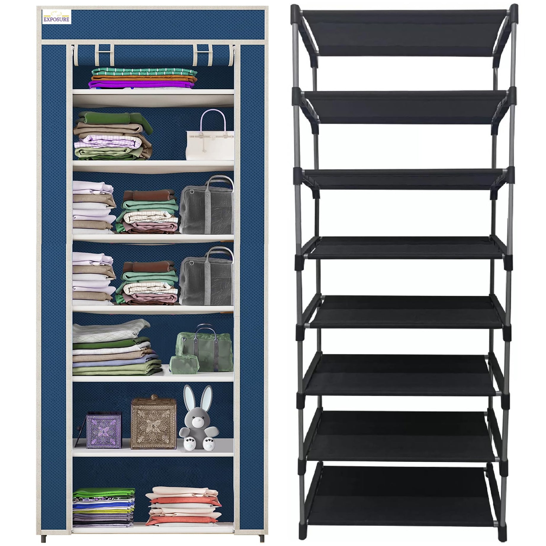 EXPOSURE 7 Layer Multipurpose Metal Pipes Non Woven Cover and Shelf with Single Connector Collapsible Wardrobe (Blue)