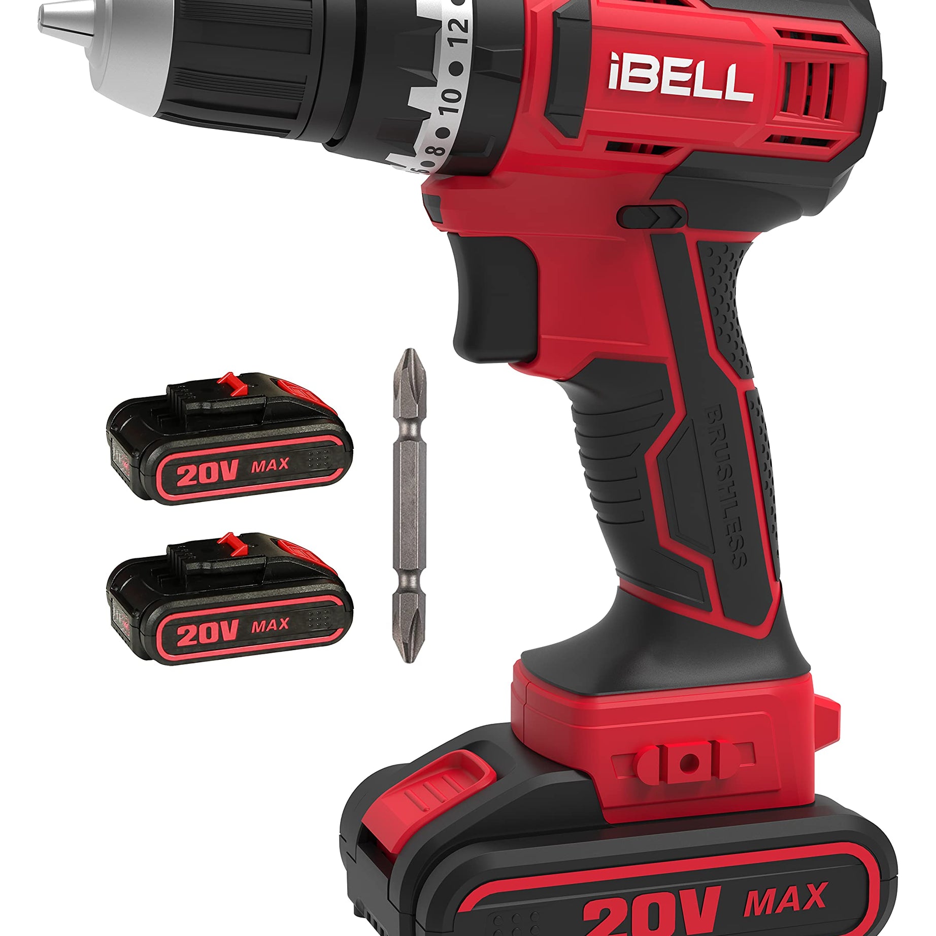 IBELL Brushless Cordless Impact Driver Drill Bm18-60, 20V, 1450 Rpm, Chuck 10 Mm, Li-Ion 1500Mah, 20 Level Torque, 3 Mode Selections With 2 Batteries, (18 Months Motor Warranty), Red