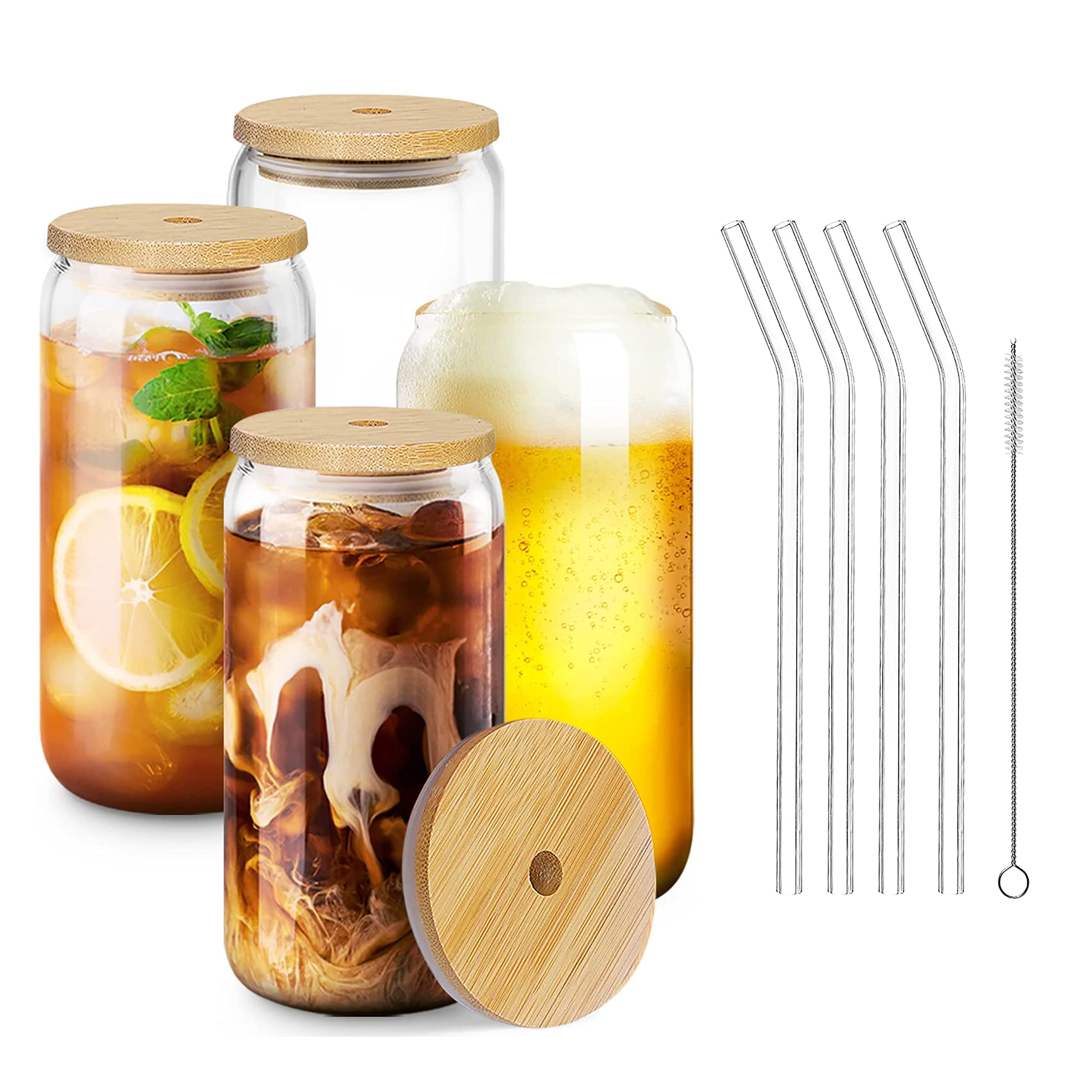 ABOUT SPACE Can Shaped Glass 350 ml - 4pcs Drinking Glass with Bamboo Lids,Sealing Ring,Glass Straw&Cleaning Brush-Temperature Resistant Glass Tumbler Cups for Beer,Coffee,Smoothie,Cocktail,Whiskey