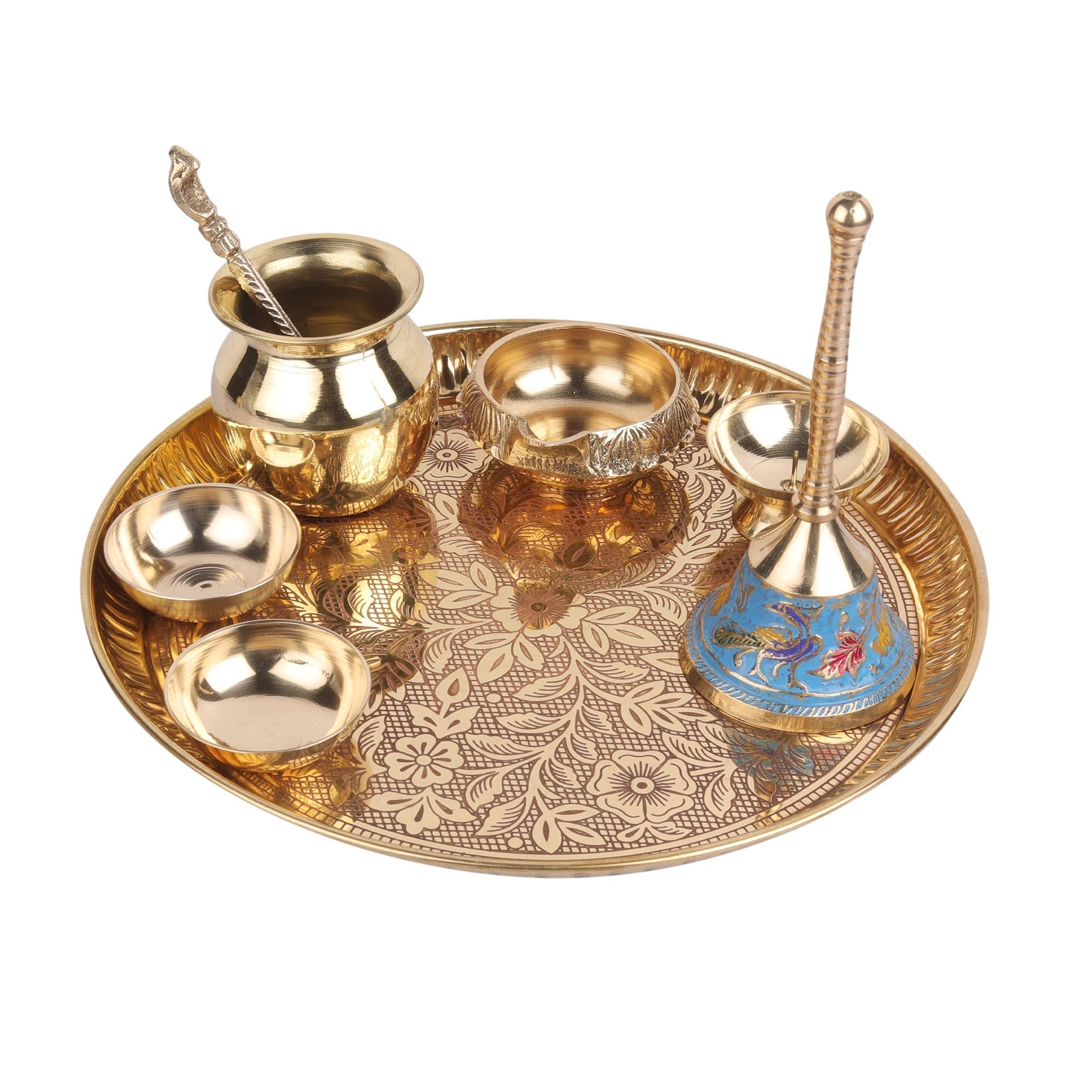 CRAFTY ESSENTIALS Brass Pooja Items Pooja Thali Set of 8 Pieces Traditional Pital Pooja Articles for Rituals and Ceremonies 9 inch thali