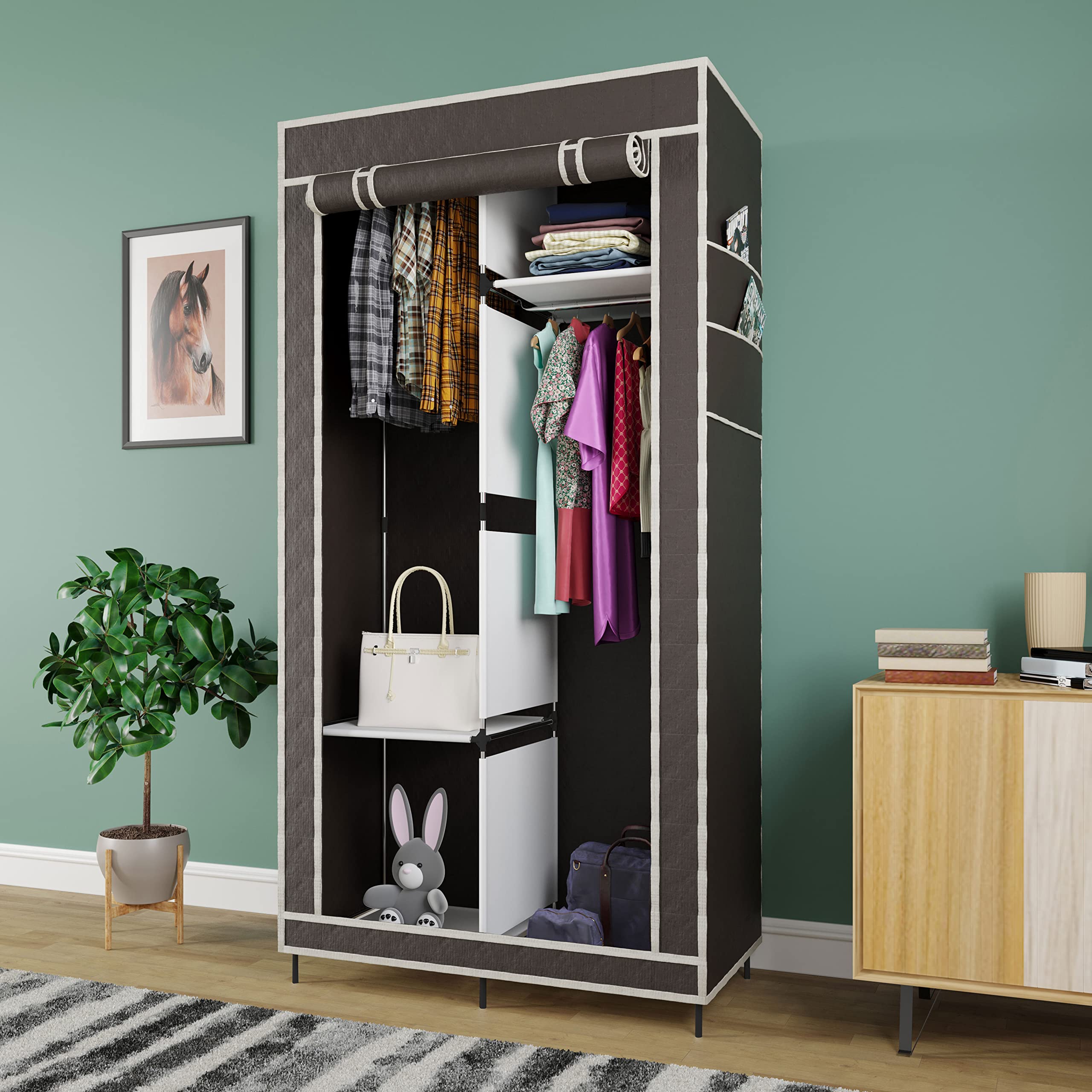 Eco Shopee SHOPPING SIMPLIFIED 4+2 Layer Collapsible Wardrobe For Clothes With Side Pocket 7800-4 (84Cm X 42.5Cm X 166Cm) (84Cm X 42.5Cm X 166Cm, Brown)