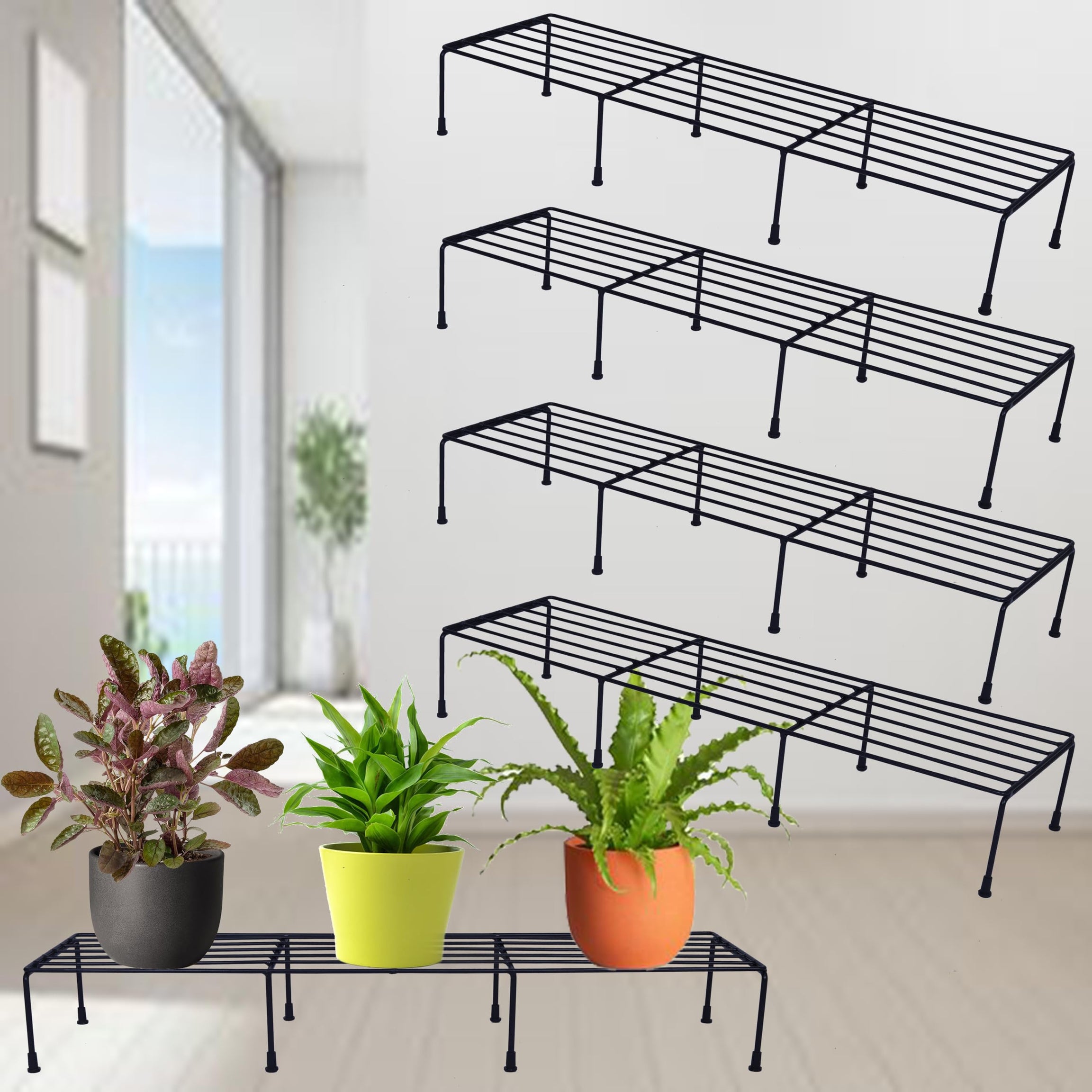 D&V ENGINEERING - Creative in innovation Metal Pot Stand, Flower plant stand for balcony, Black, 73.5 cm Wide - Set of 4