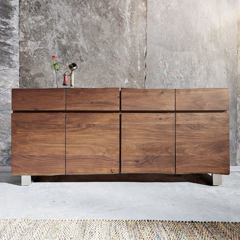 INMARWAR Wooden Kitchen Cabinet | Crockery Cabinet | Sideboard Cabinet for Office/Living/Dininig/Bedroom/Drawing Room with 4 Drawers & Doors | Solid Wood Mango & Carbon Steel, Natural Brown