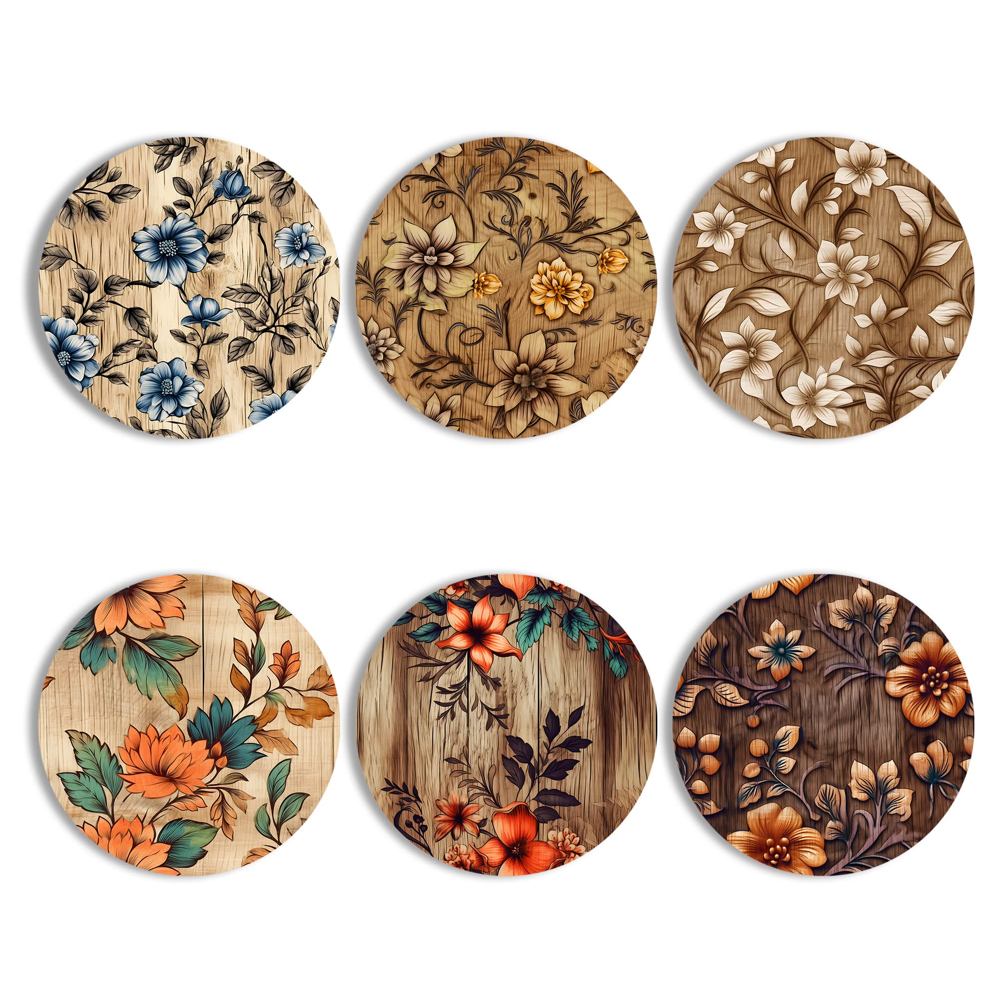 Clawcrafts Boho Wooden Floral Printed Mutlticolor Matte Finish Round Coasters for Cups and Dining Table - Set of 6