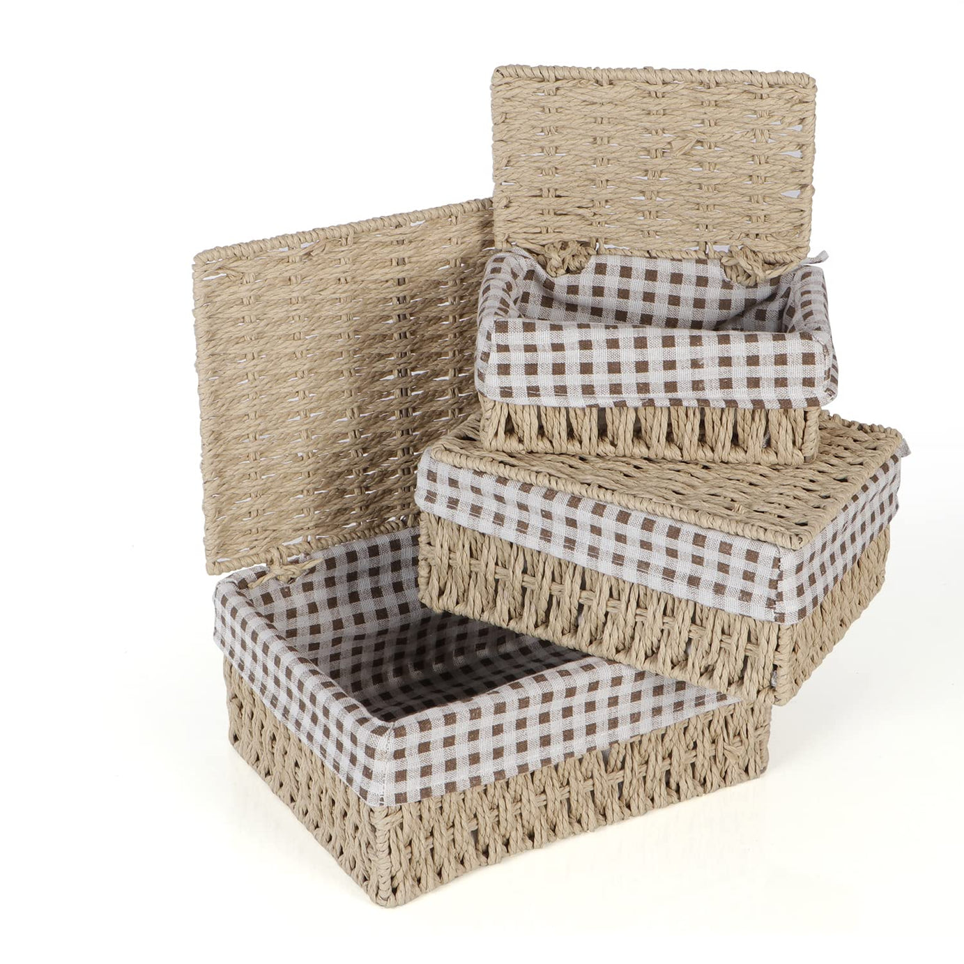 HOKIPO Eco-Friendly Paper Rope Wicker Storage Baskets with Lid, Pack of 3, Beige (AR-3905-BGE)