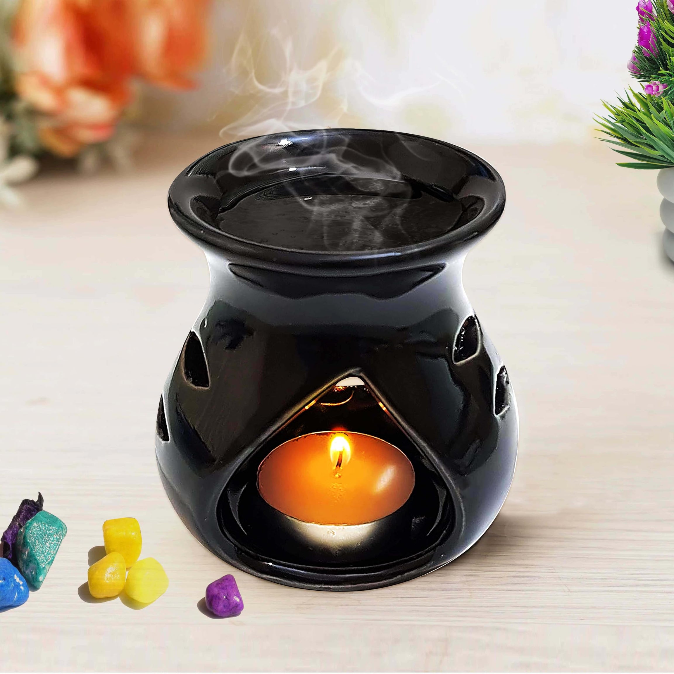 Pure Source India Ceramic Clay Candle Operated Aroma Burner (Black; 9 Cm)