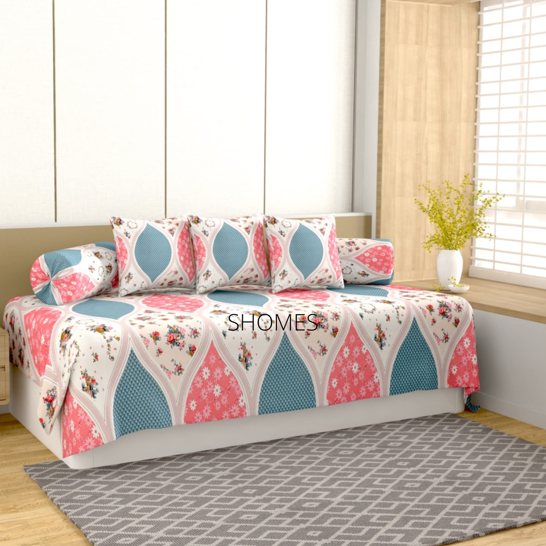 SHOMES | 250 TC Glace Cotton Diwan Set 6 Pieces - One Divan Bed Sheet, 3 Cushion Covers and Two Bolsters - Pink