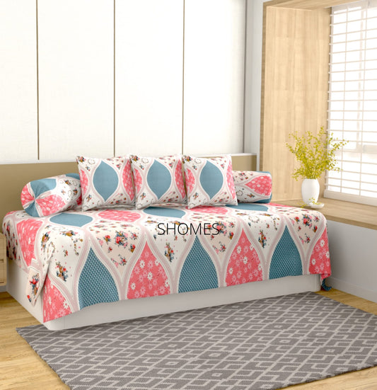 SHOMES | 250 TC Glace Cotton Diwan Set 6 Pieces - One Divan Bed Sheet, 3 Cushion Covers and Two Bolsters - Pink