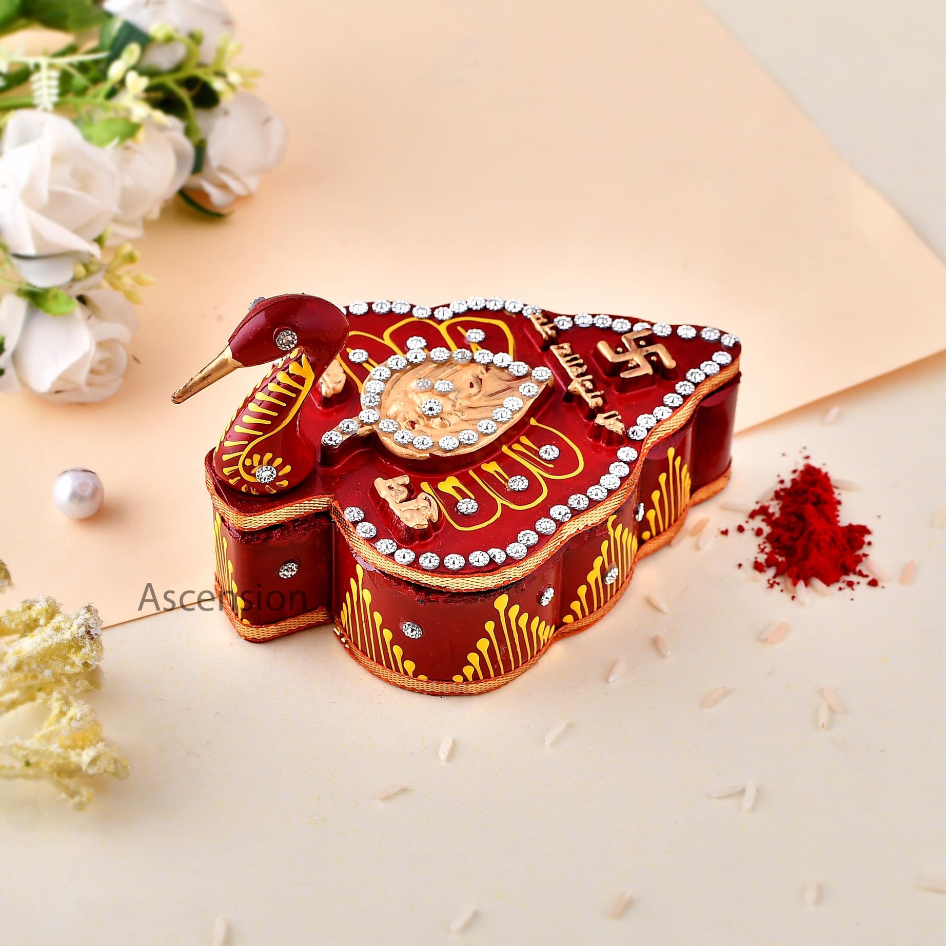 ascension Handicrafts Tika Chopra in Peacock Shape Meenakari Work/Kumkum Box with Chawal-Akshat-Haldi Wooden Chopda for Gift and Pooja Decorative Purpose Item