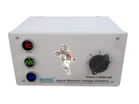 Rahul C-2000 ad2 Kva/8 Amp 90-260 Volt,Manual 8 Booster,Use a Maximum of 8 Amp Load,Load Tester Meter with Input Output Meter+ Over Load MCB, Mainline Autocut Digital Voltage Stabilizer-White