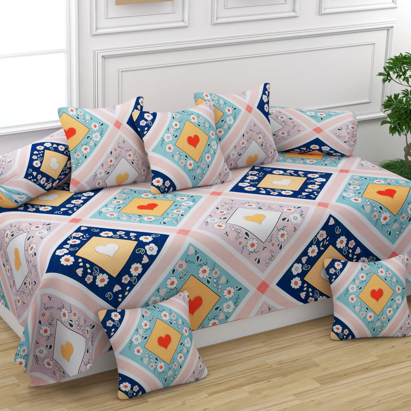 MANIQATEX Diwan Set 8 Pieces Cotton Printed Standard Diwan Set (1 Single Bedsheet, 2 Bolster Covers, 5 Cushion Covers) (Multi 01)