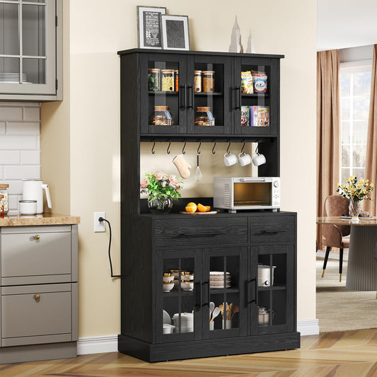 YITAHOME 71'' Kitchen Pantry Storage Cabinet with Microwave Stand, Tall Freestanding Hutch Cabinet with Power Outlet, Pantry Cabinet with Buffet Cupboard, Drawers and Glass Doors for Home, Black