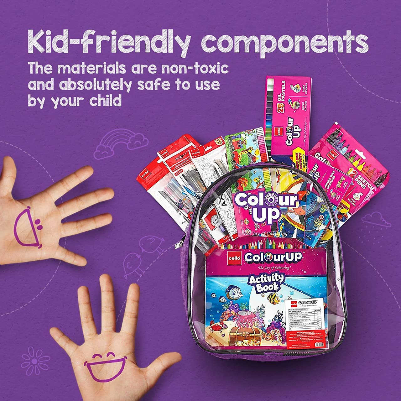 Cello ColourUp Hobby Bag | Colouring Kit includes Crayons, Colour Pencils, Sketch Pens & Activity Book | Travel Friendly Back Pack Bag | Ideal for Kids Gifting, Assorted