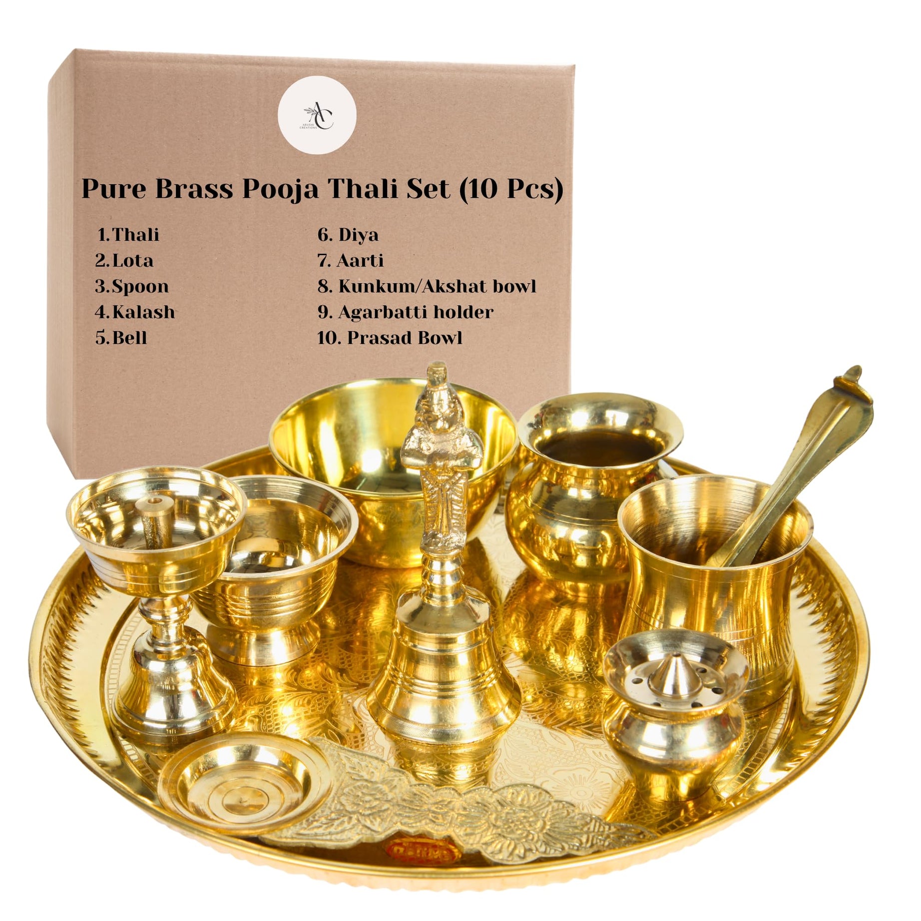 Arushi Creations Pure Brass Pooja Thali Set | Panchapatra Puja Samagri/Accessories for Home Mandir, Temple Essentials Combo