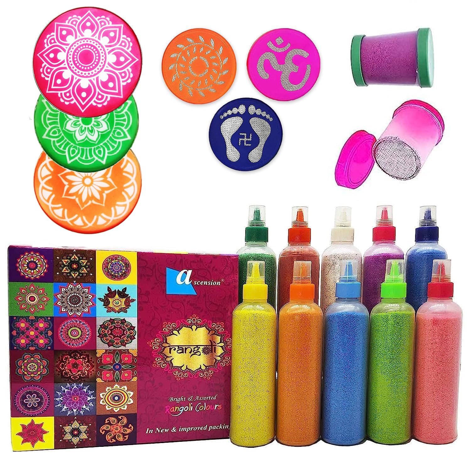 Ascension 10 Rangoli Powder Colors 80 gm Each 2 Fillers, 3 Stencils & 3 Stamp Stencils Ceramic Colours Rangoli Making Tolls Kit Color Powder Rang for Navratri Pongal Pooja Mandir (Combo 1)