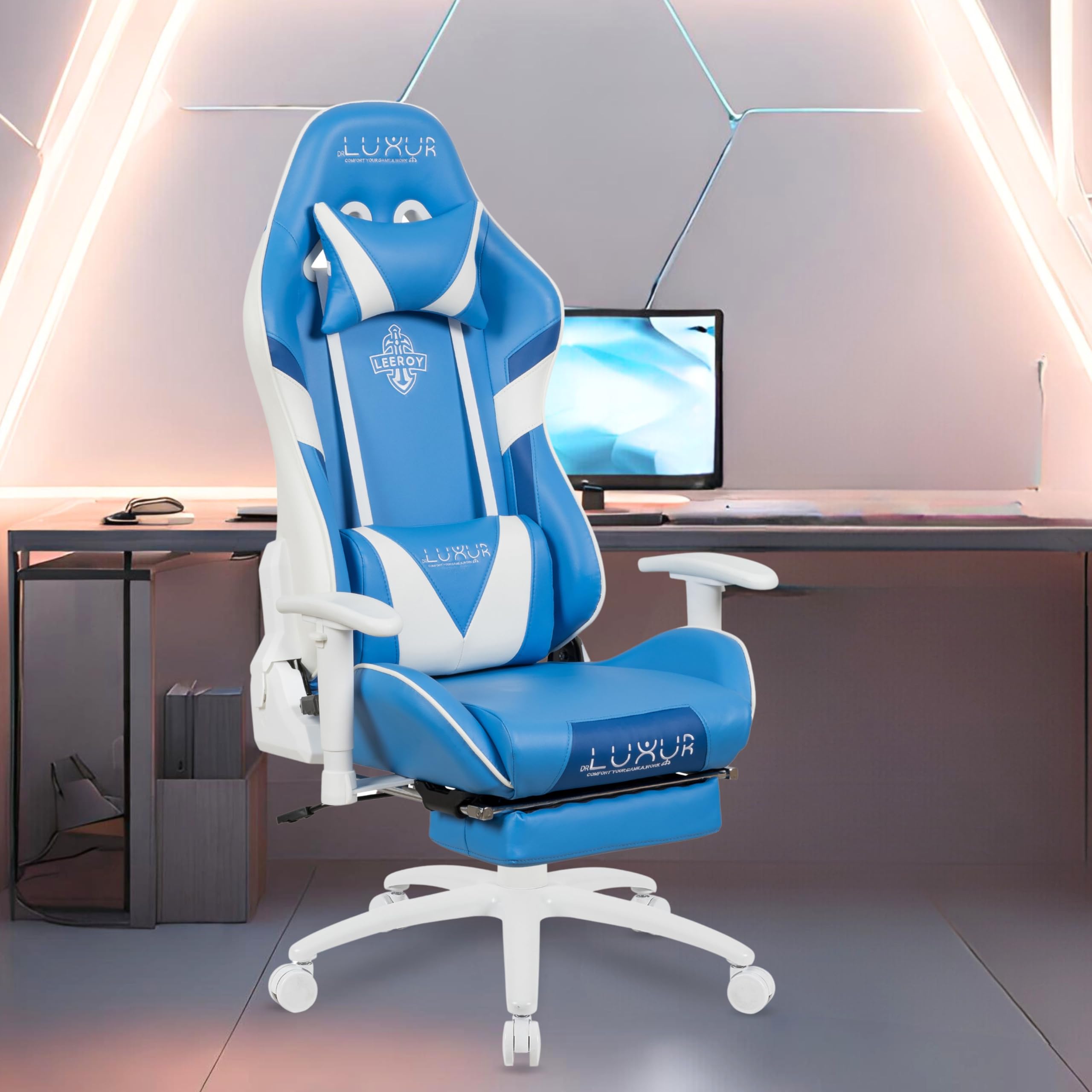 Dr Luxur Leeroy Ergonomic Gaming Chair for Office Work at Home with Neck & Lumbar Pillow with Full 180 Recliner Back & Footrest, 2-D Armrest with Metallic Wheelbase and Multi Lock (Leeroy)