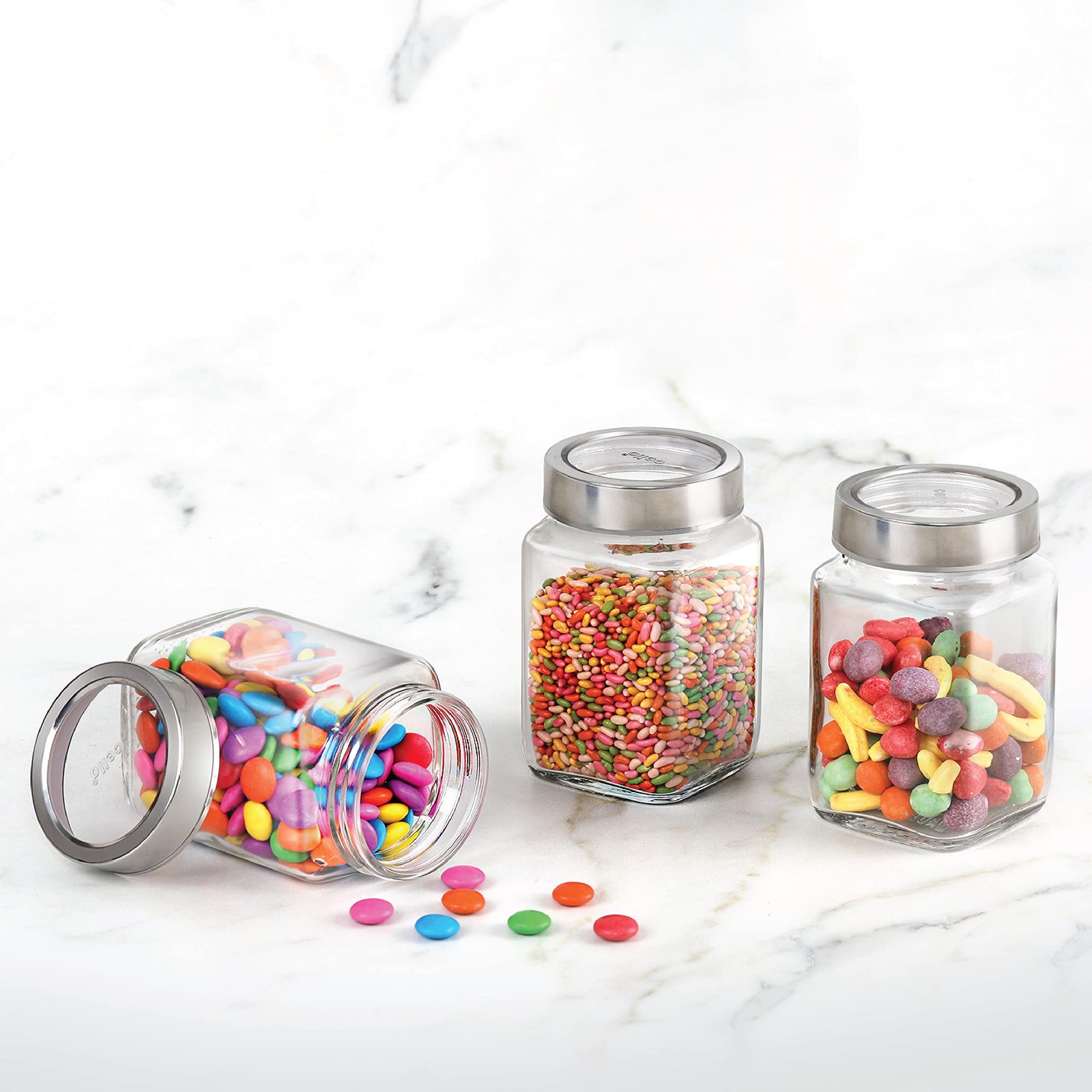 CELLO Qube Fresh Glass Storage Jar | Container with Air tight Silver Metal Lid | Multipurpose Jar | For Storage of Food, Pulses, Spice, Cereals, Cookies, Dry Food | Set of 3, 300ml, Clear