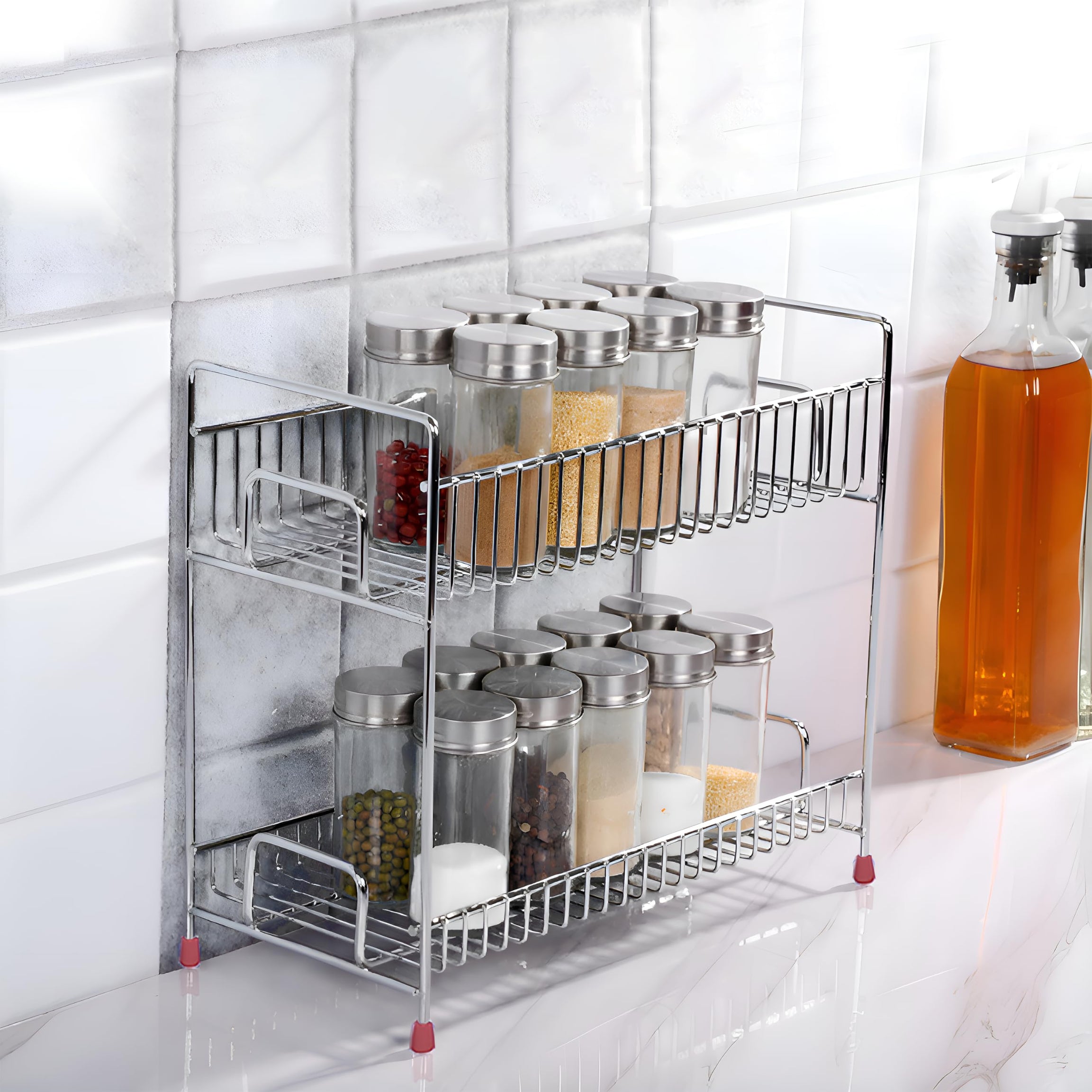 Planet 2-Tier Kitchen Rack/Spice Rack/Standing Rack/utensils Dishes Spices Jar Holder/Multipurpose Storage Organizer/Bathroom Countertop Rack/Kitchen Organizer/Storage shelf for kitchen (Chrome)