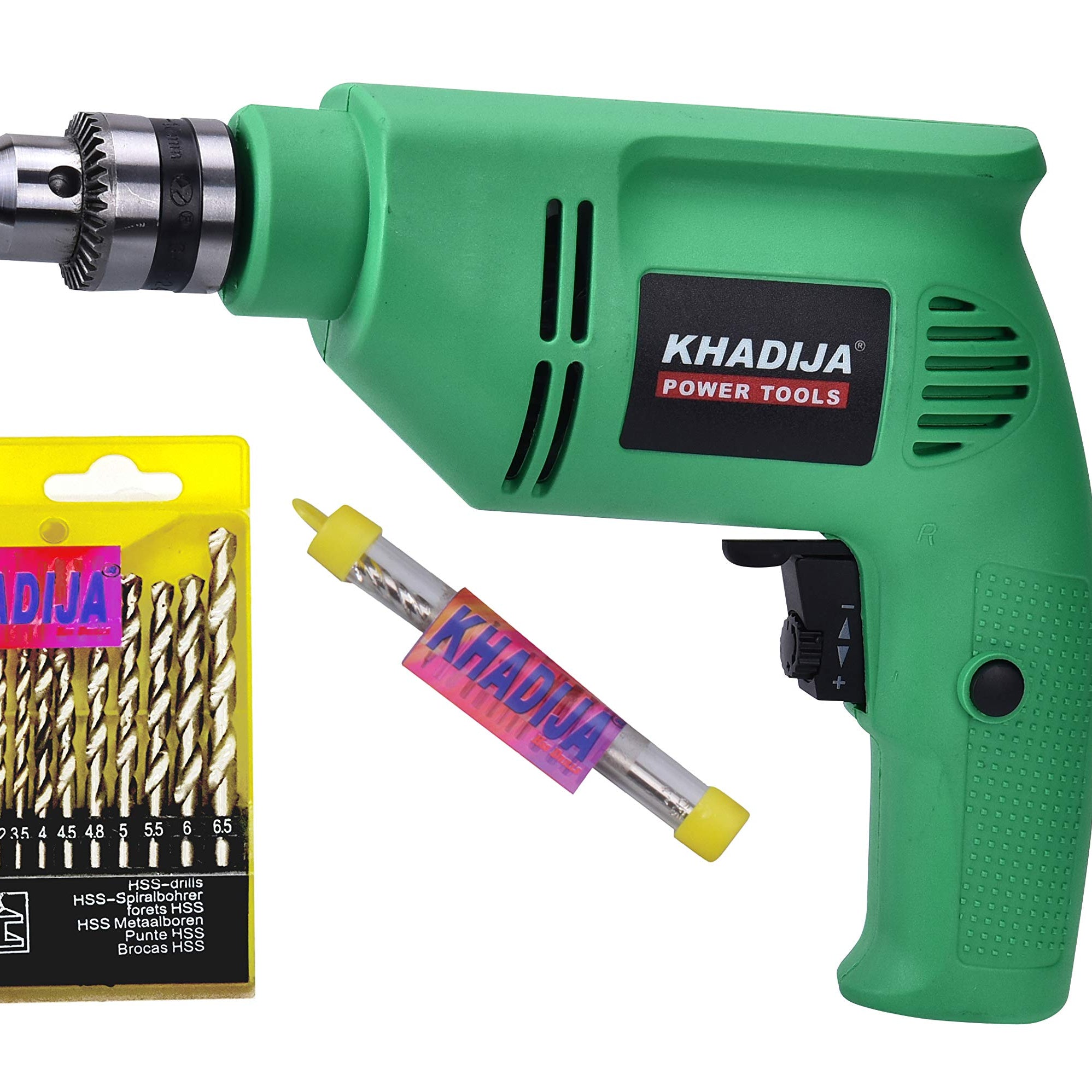 KHADIJA 10mm 400W Reverse Forward Rotation Drill Machine with Masonry Bit and 13 Piece HSS Drill Set- Multicolour