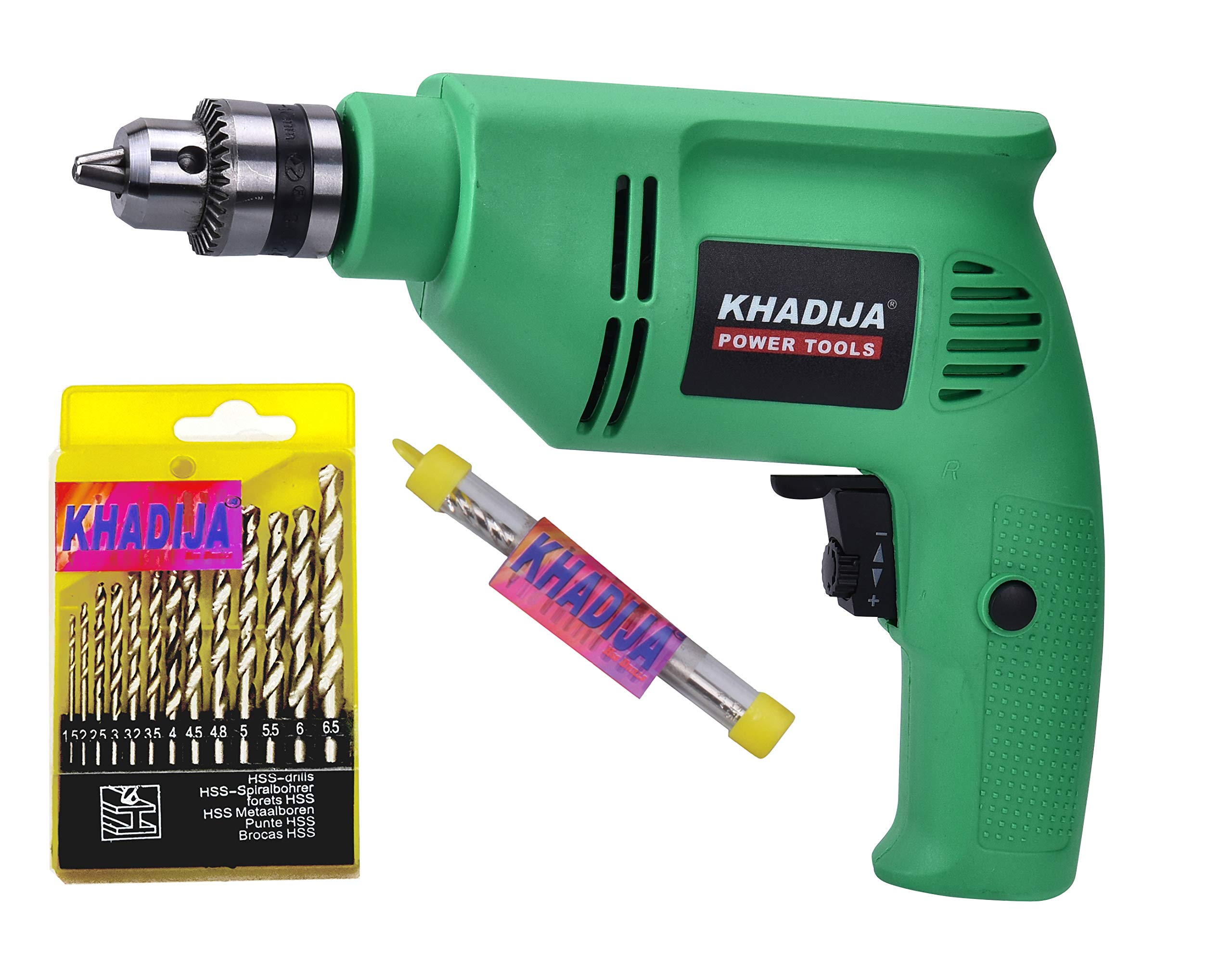 KHADIJA 10mm 400W Reverse Forward Rotation Drill Machine with Masonry Bit and 13 Piece HSS Drill Set- Multicolour