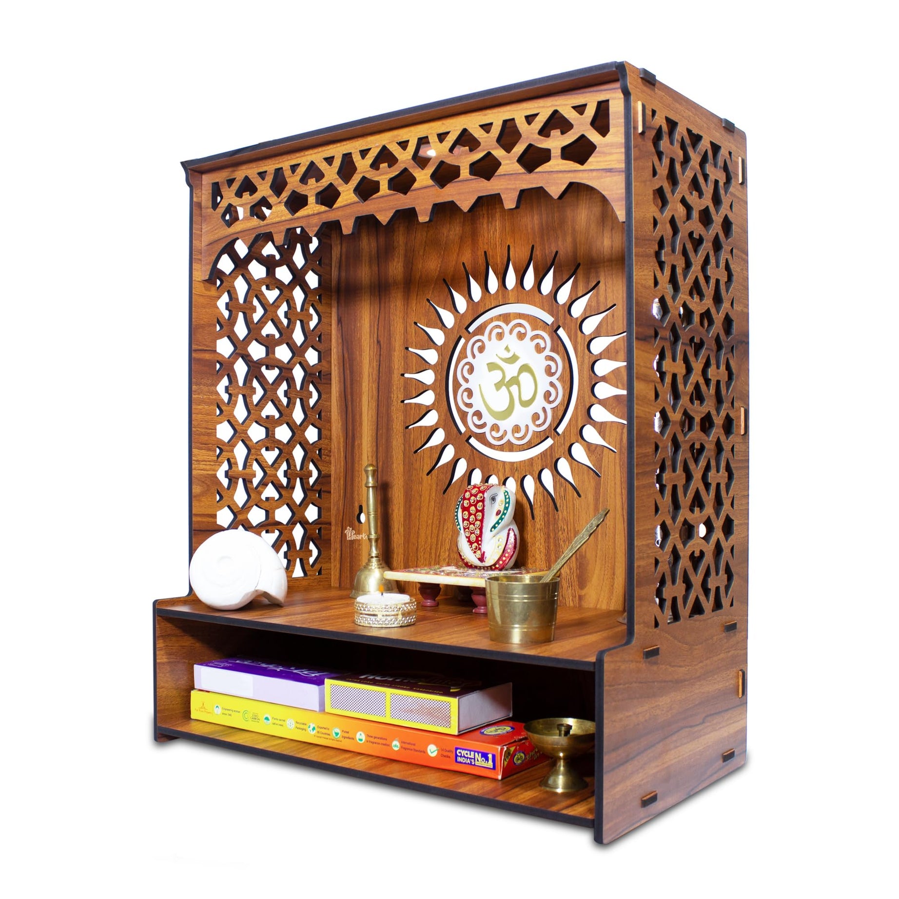 Heartily® Aastha Beautiful Wooden Pooja Mandir for Home or Puja Temple Stand for Office and Shops with Led spot Light (H- 18, L- 16, W-8.75 Inch)