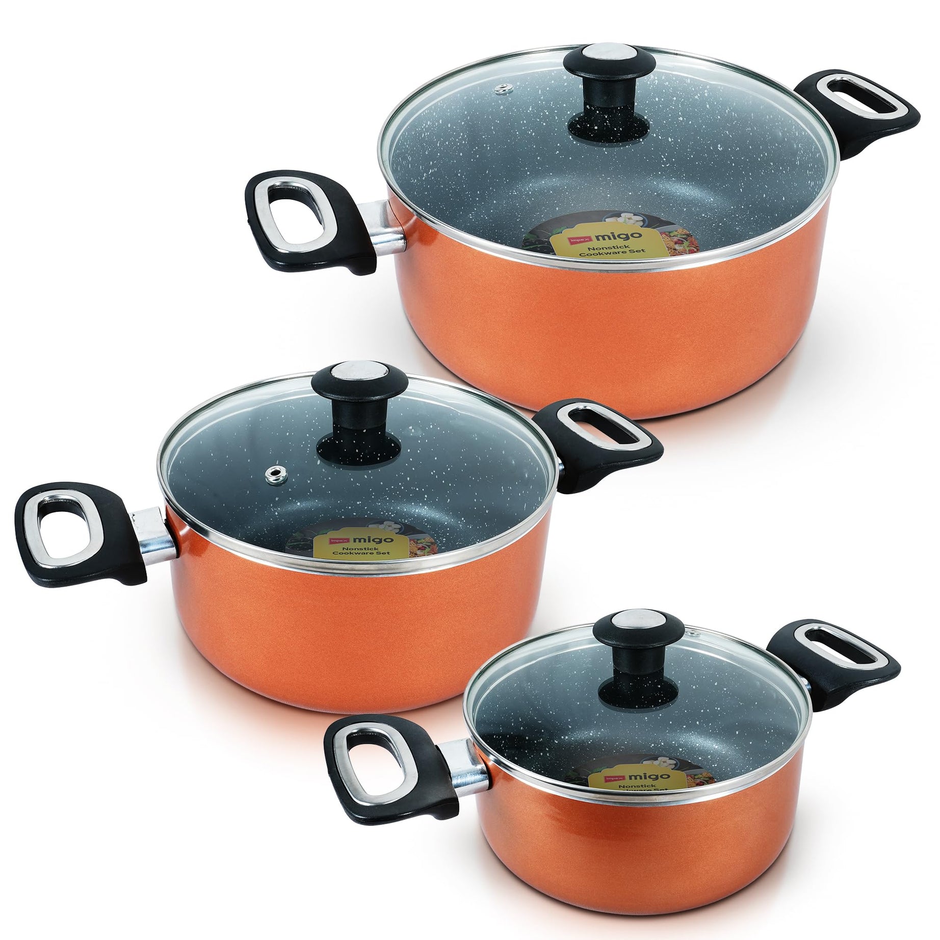 Impex Cook and Serve Casserole Set 6 Pcs Nonstick Granite Cookware Set with Glass Lid | Sauce Pans Combo with Induction Bottom | Non-Stick Cookware Set | Aluminium Casserole Set 4.7L, 3L and 2L