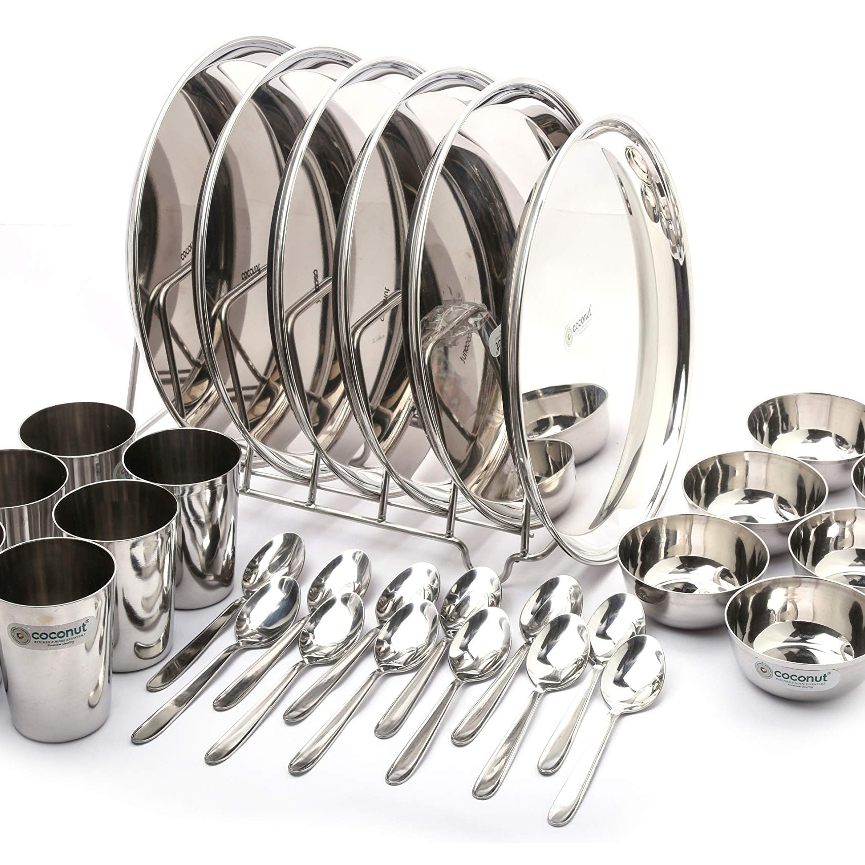 Coconut Stainless Steel (Heavy Guage) Mirror Finish Happy Dinner Set/Dinnerware & Serveware - 30 Pc