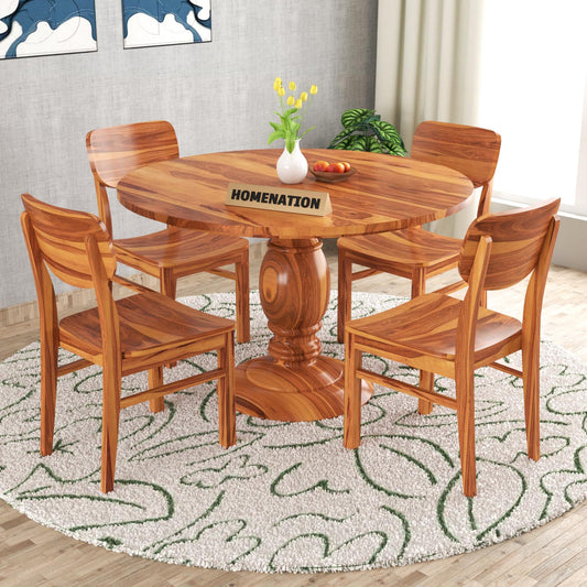 HomeNation Sheesham Wooden 4 Seater Dining Table Set with Chairs for Dining Room | Solid Wood 4 chair with Round Shape Dining table for Living Room | Home & Office (4 Seater, Honey A)