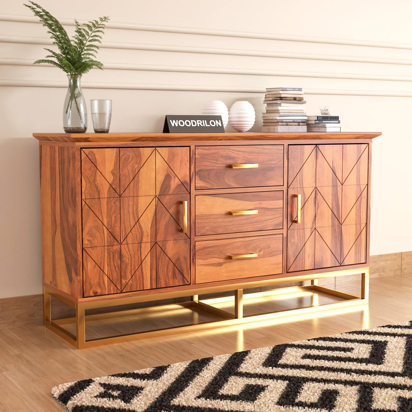 Woodrilon Solid Sheesham Wood Wooden Sideboard Storage Cabinet : Ideal for Living Room and Bedroom with 3 Drawers and 2-Door Storage with Metal Stand (Preston, Honey Finish)