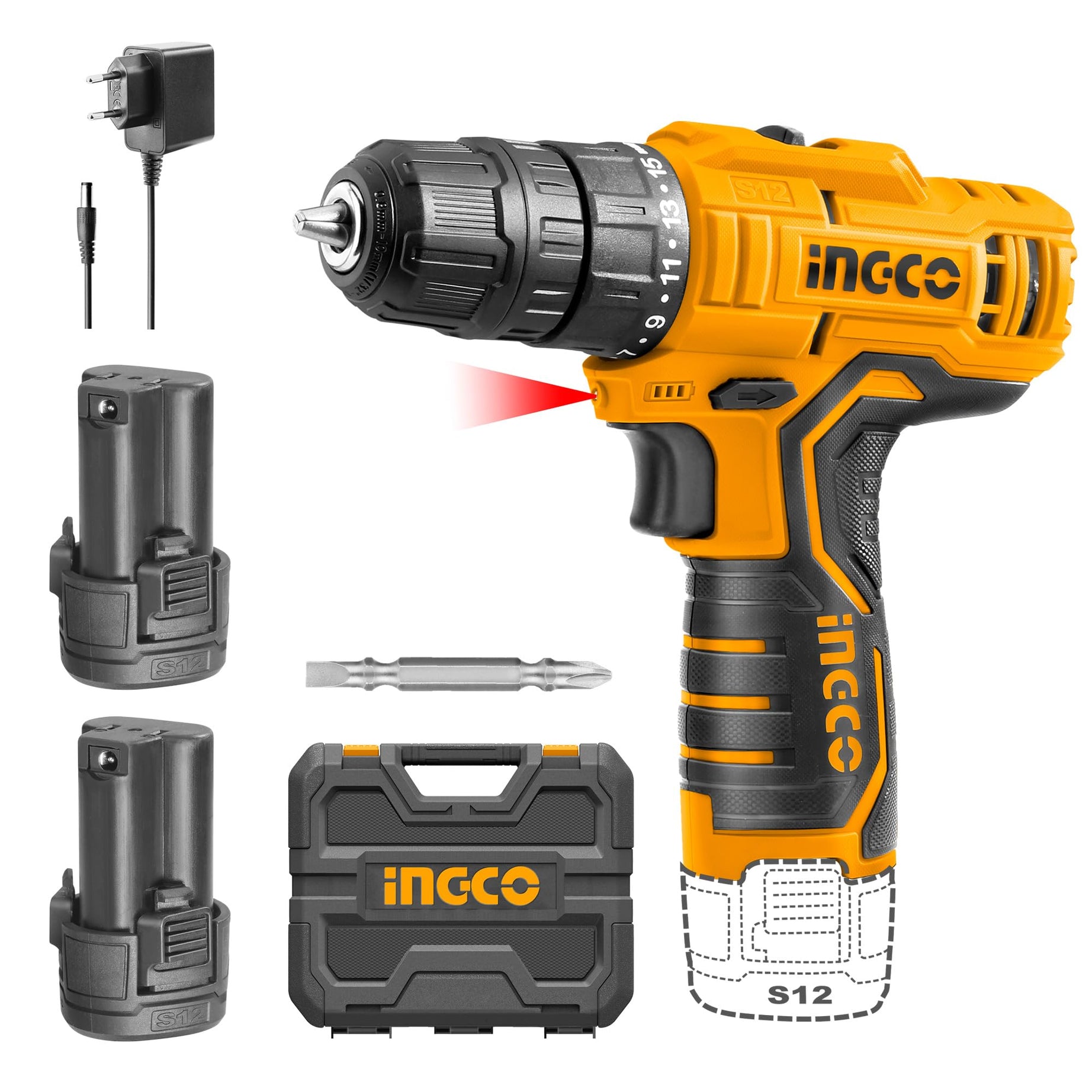 INGCO Drill Machine for home use, 12V Drilling Machine, Cordless Drill,With 2 PCS Batteries and charger