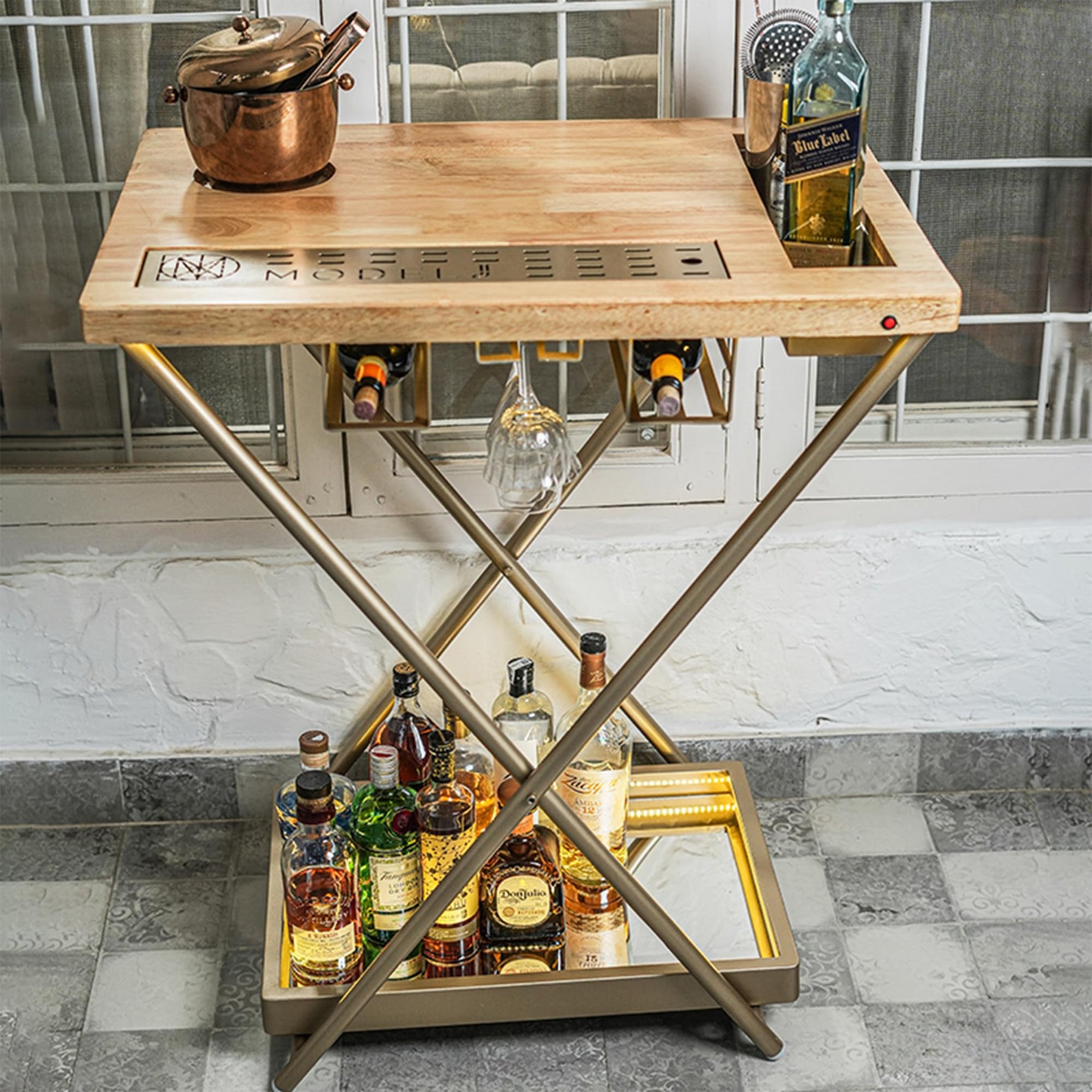 HAUS OF BARS by SpeedX - Model J - Multi-Functional, Portable and Foldable Bar Table in Matte Gold Finish with Wooden Top