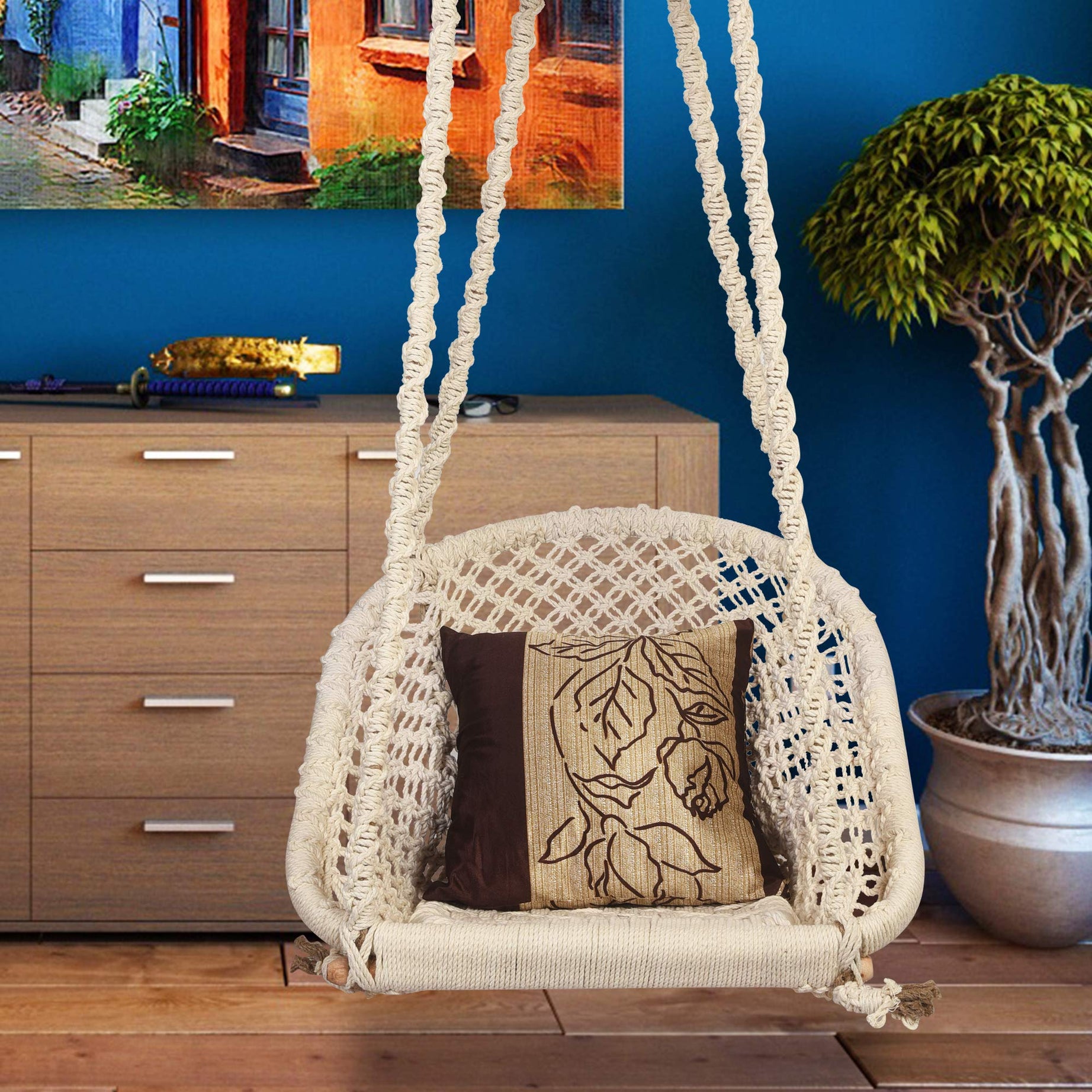 Halder Jute Handmade Regular Indoor & Outdoor & Living Room D Shape Hanging Swing Chair | Jhula with One Cushion | 1 Iron S Hook | 3M Nylon Rope (Cotton, White, Size:- 70 * 65 * 150 CM)